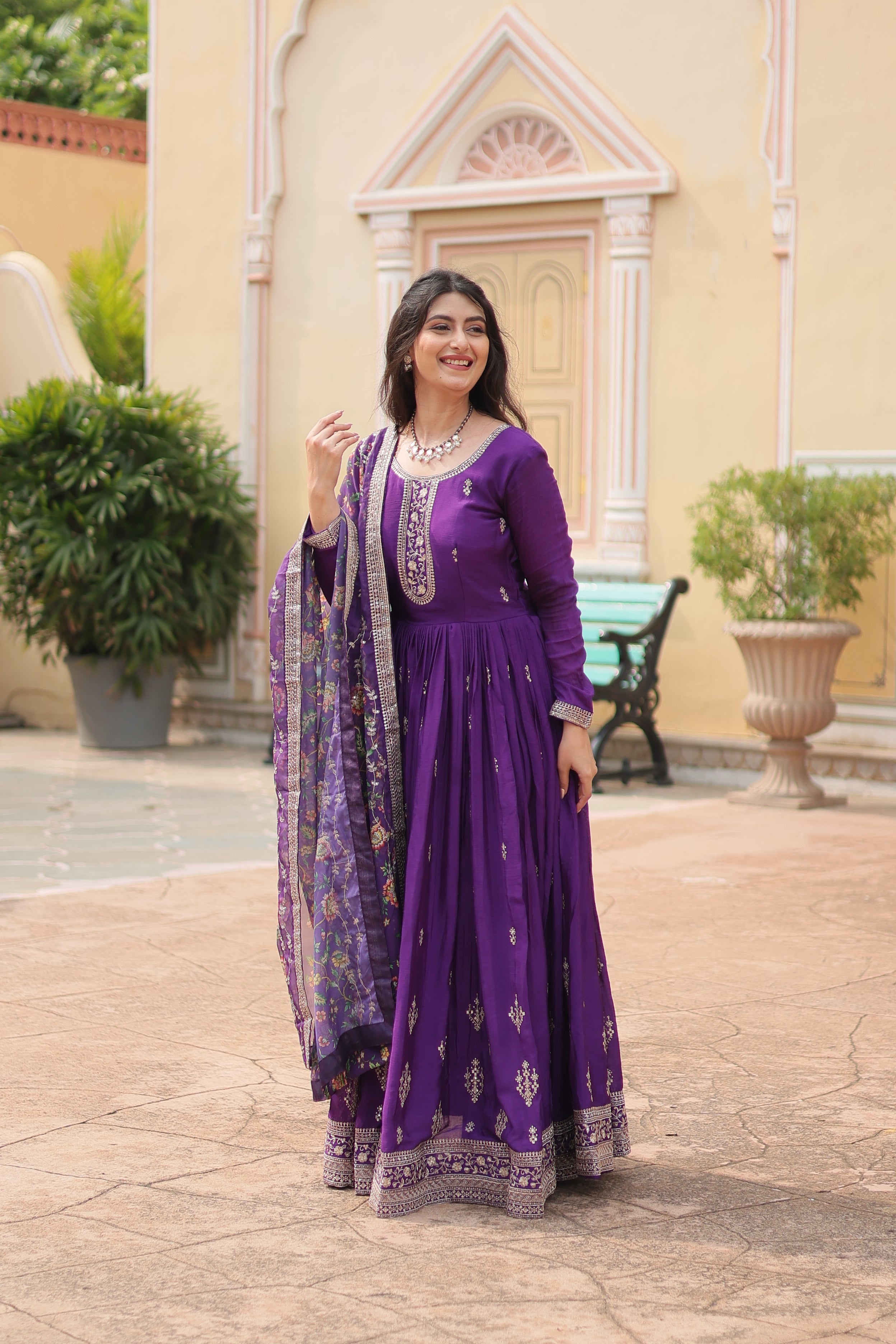 Purple Chinon Sequins Function Wear Gown With Dupatta