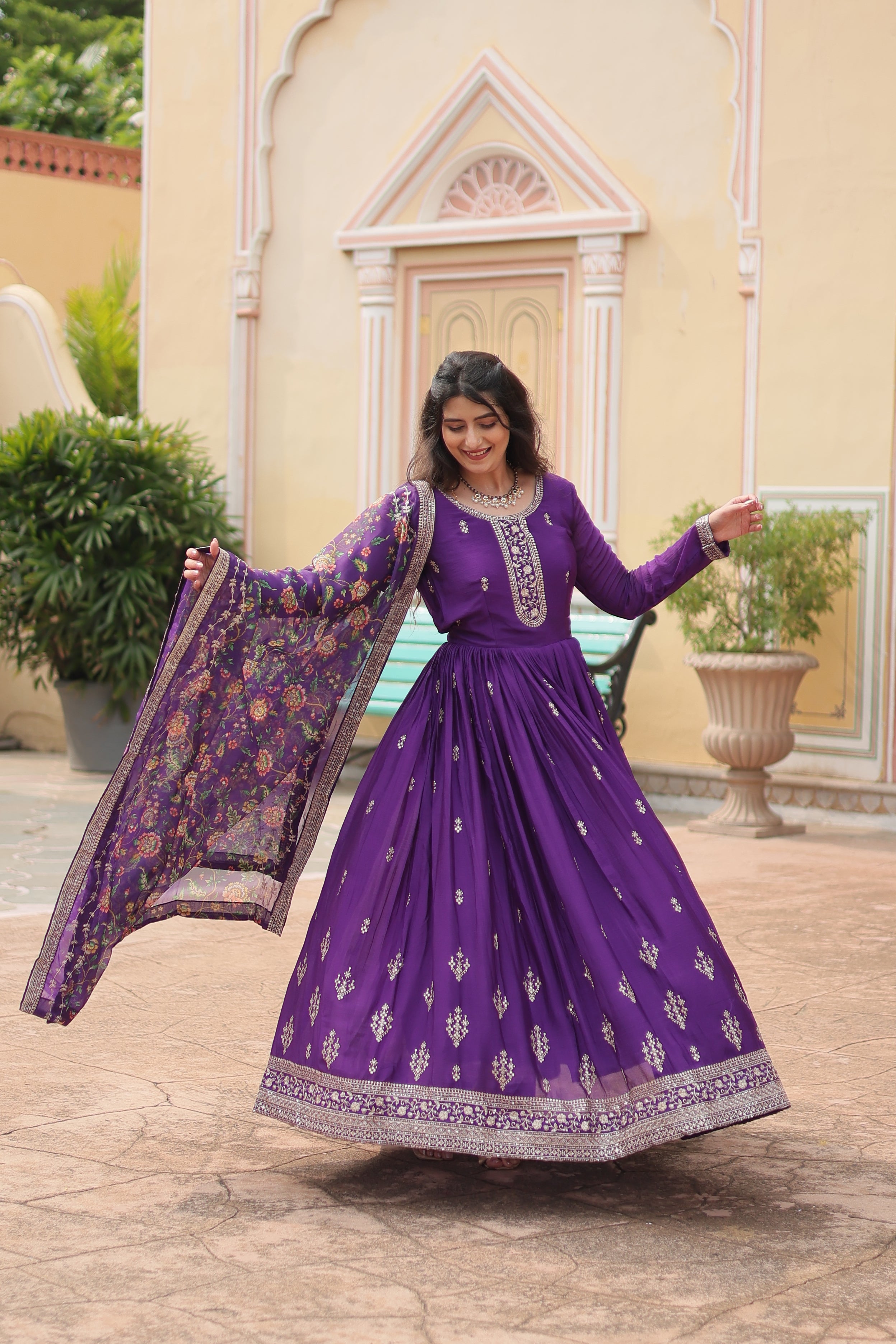 Purple Chinon Sequins Function Wear Gown With Dupatta
