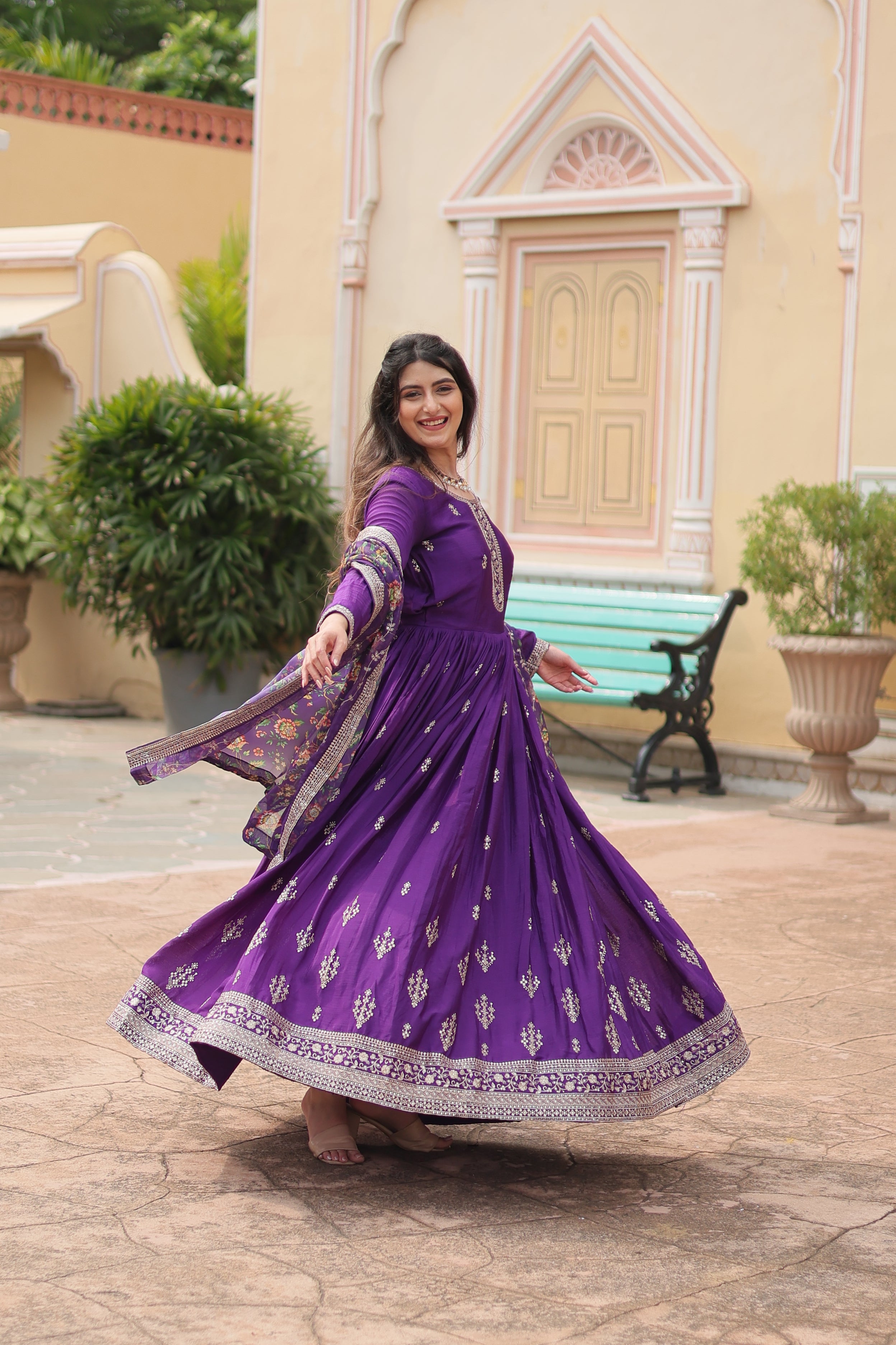 Purple Chinon Sequins Function Wear Gown With Dupatta