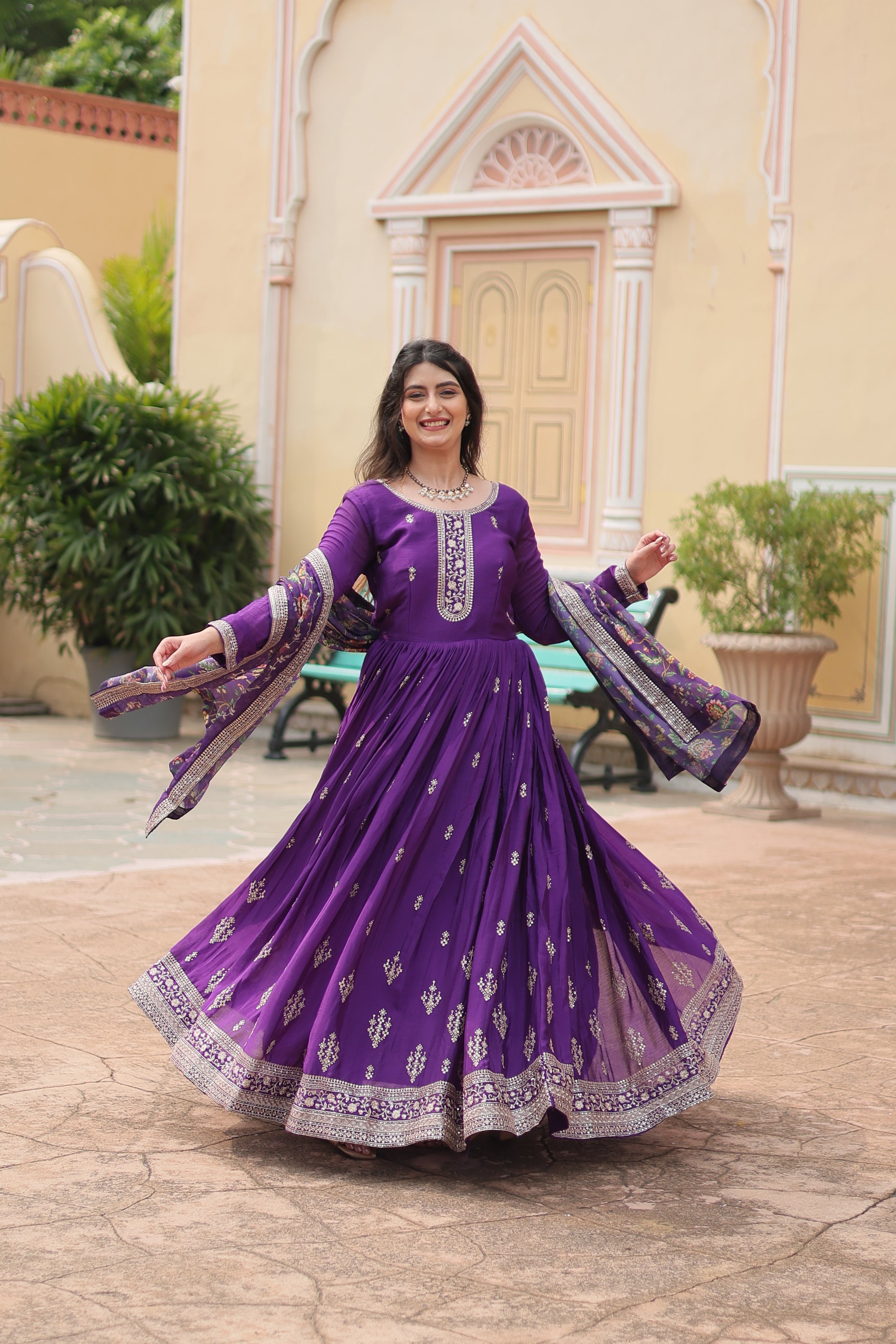 Purple Chinon Sequins Function Wear Gown With Dupatta