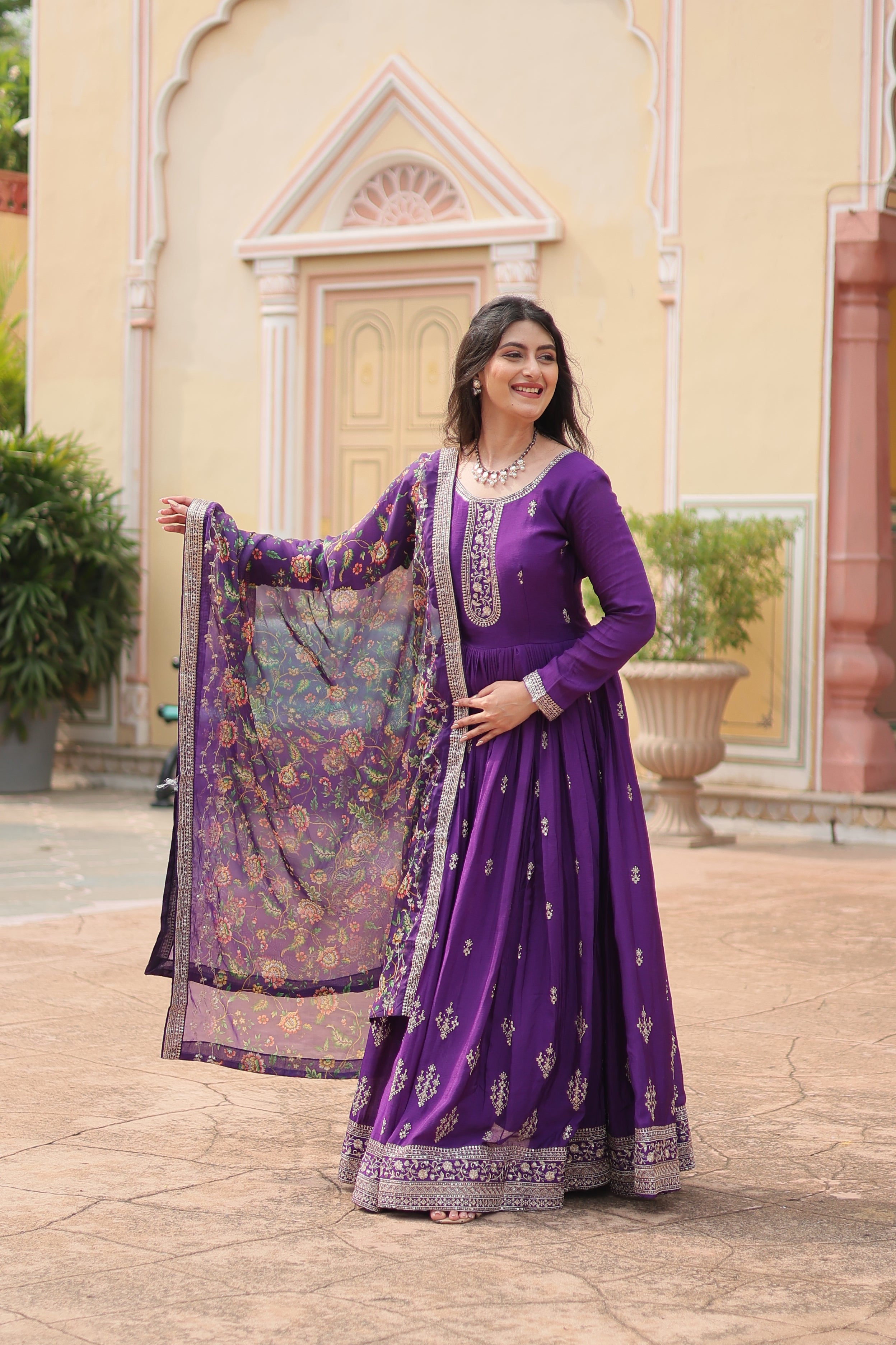 Purple Chinon Sequins Function Wear Gown With Dupatta