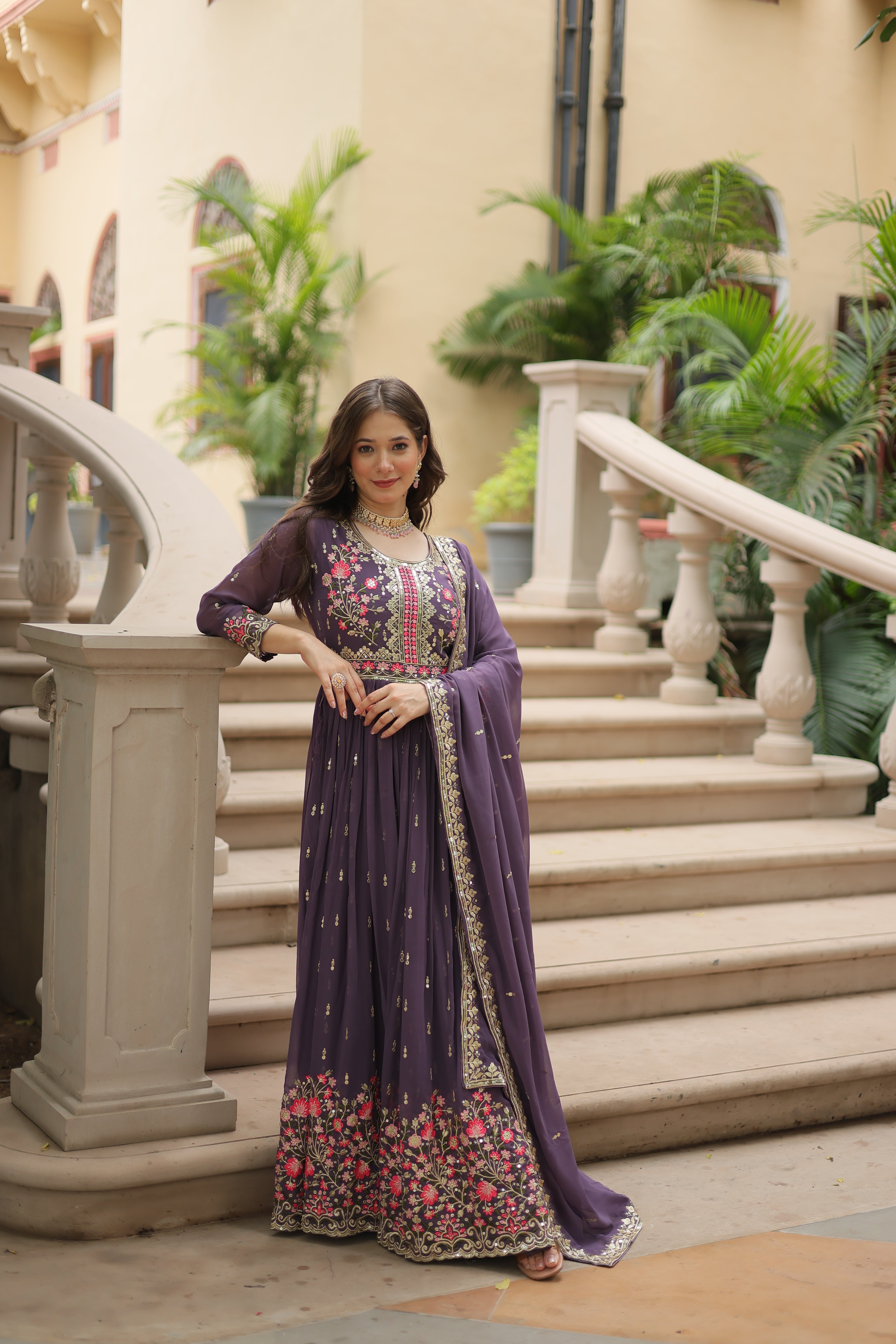 Georgette Embroidered Anarkali Suit With Sharara