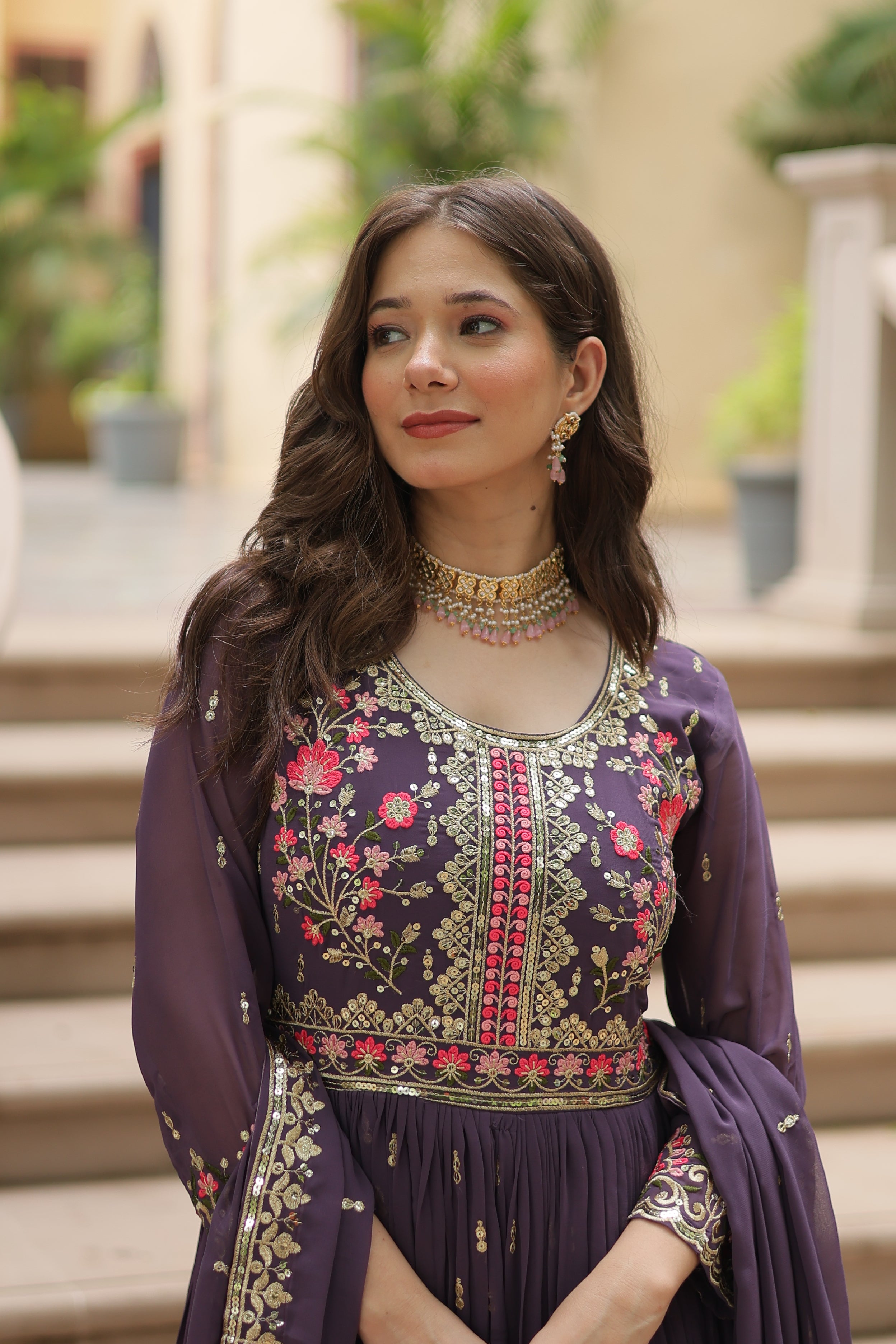 Georgette Embroidered Anarkali Suit With Sharara