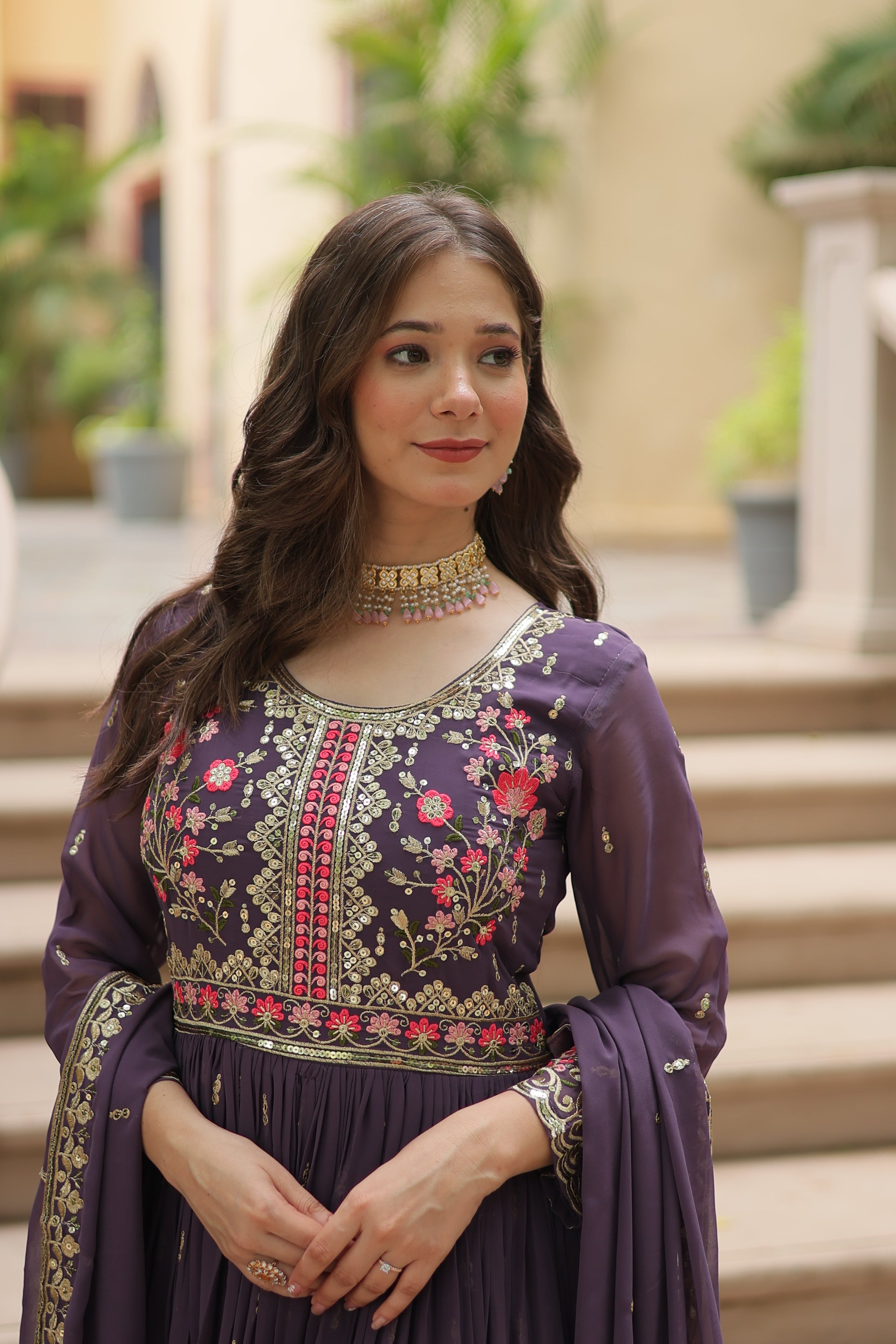 Georgette Embroidered Anarkali Suit With Sharara