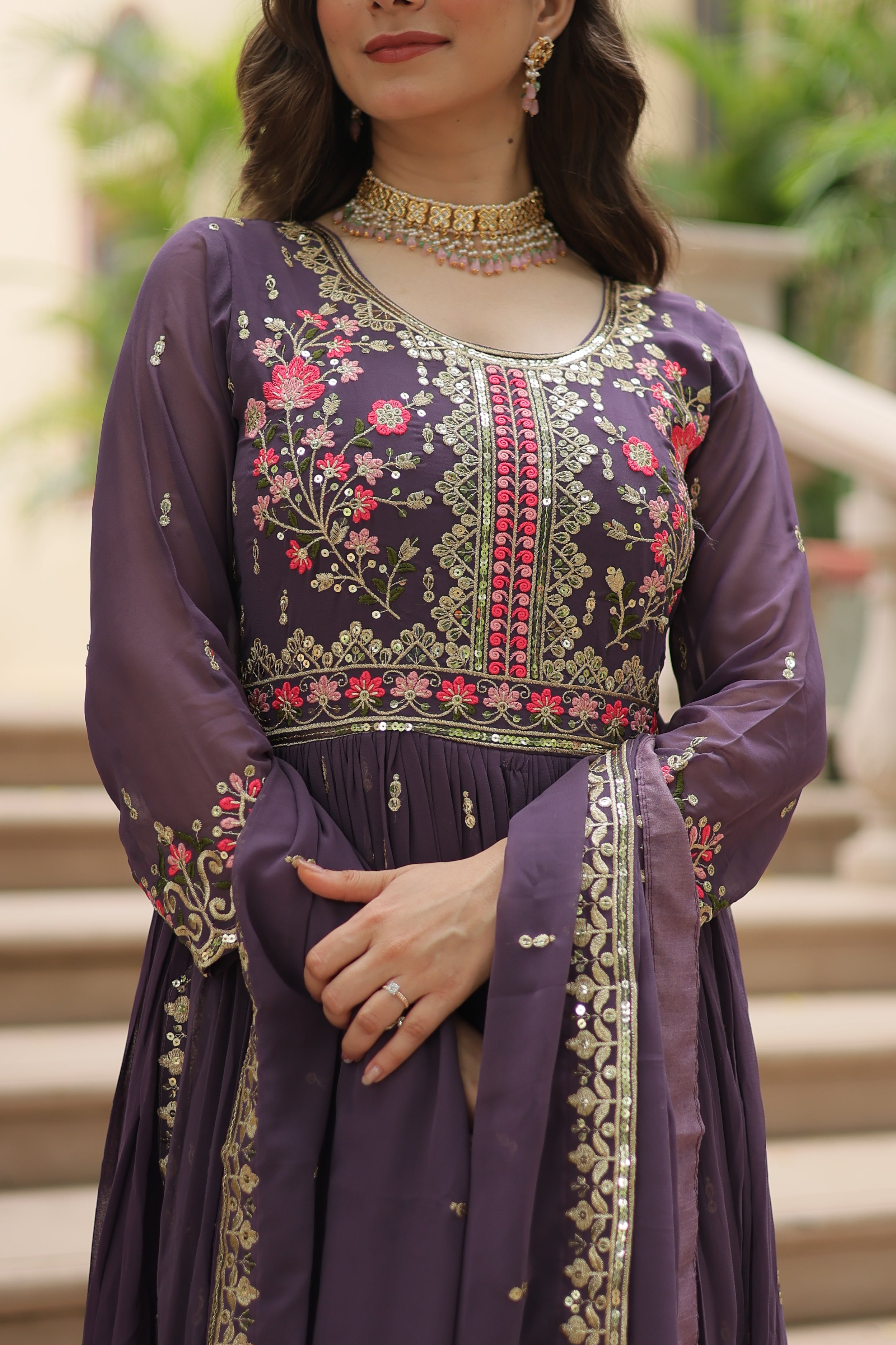 Georgette Embroidered Anarkali Suit With Sharara