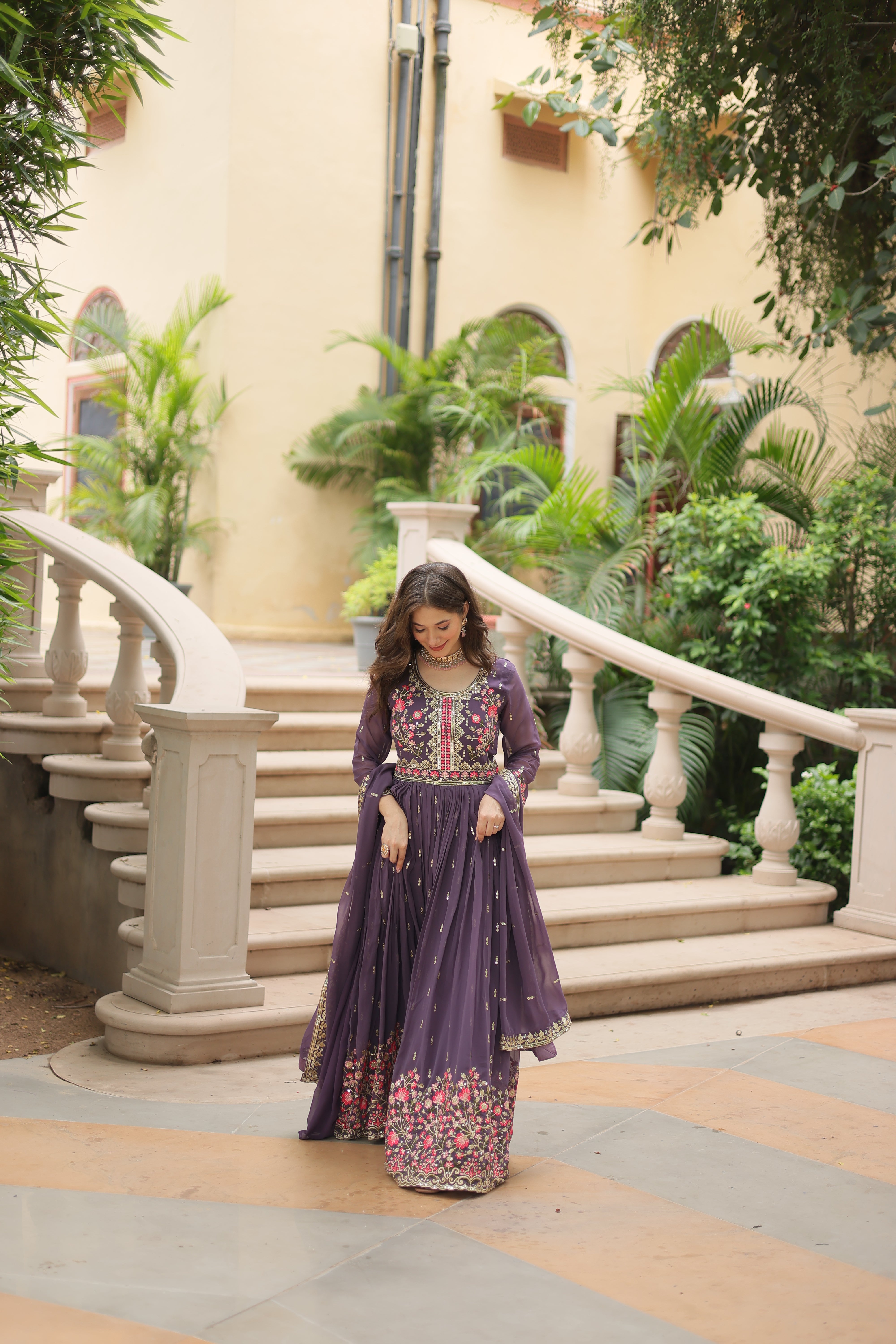 Georgette Embroidered Anarkali Suit With Sharara