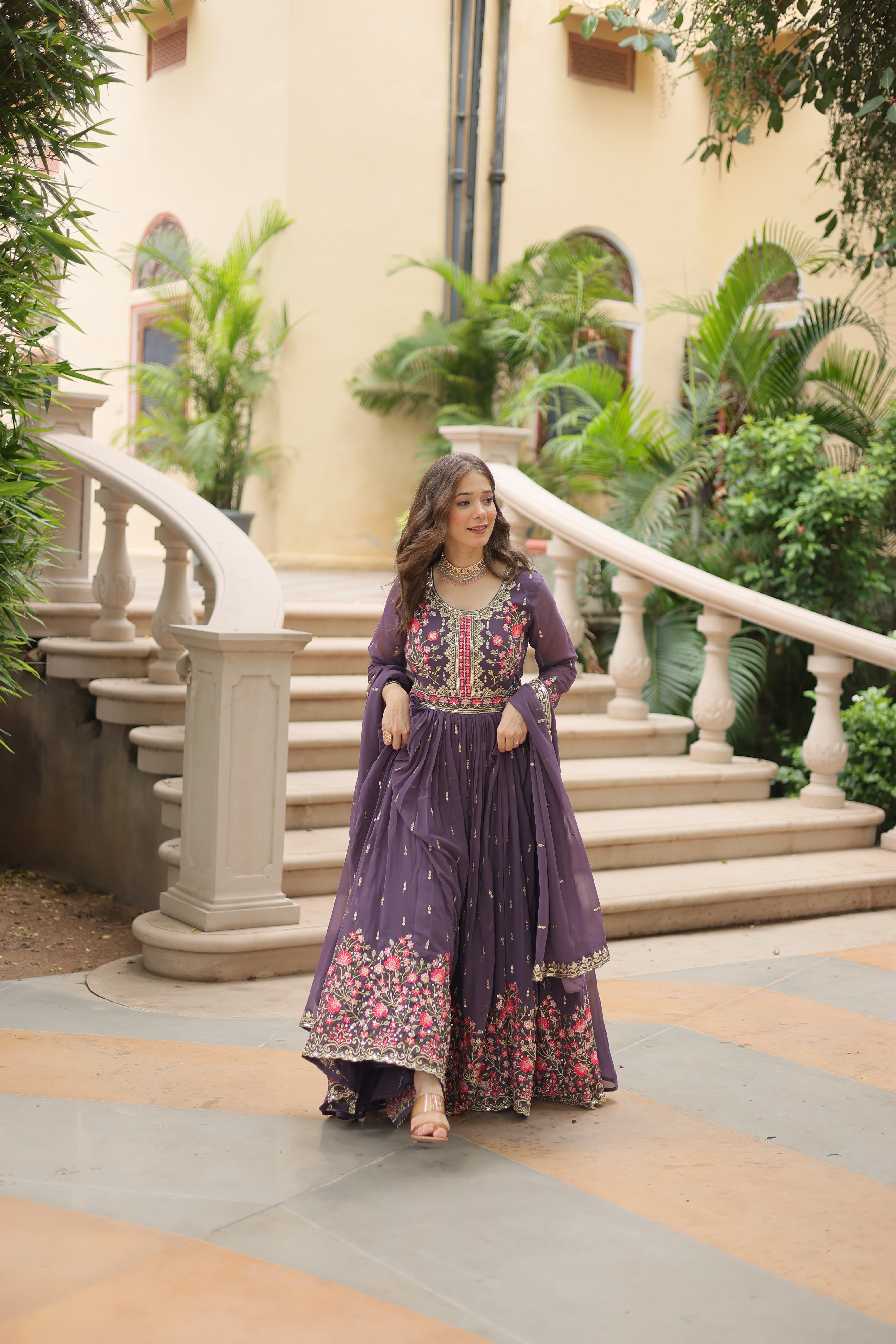 Georgette Embroidered Anarkali Suit With Sharara