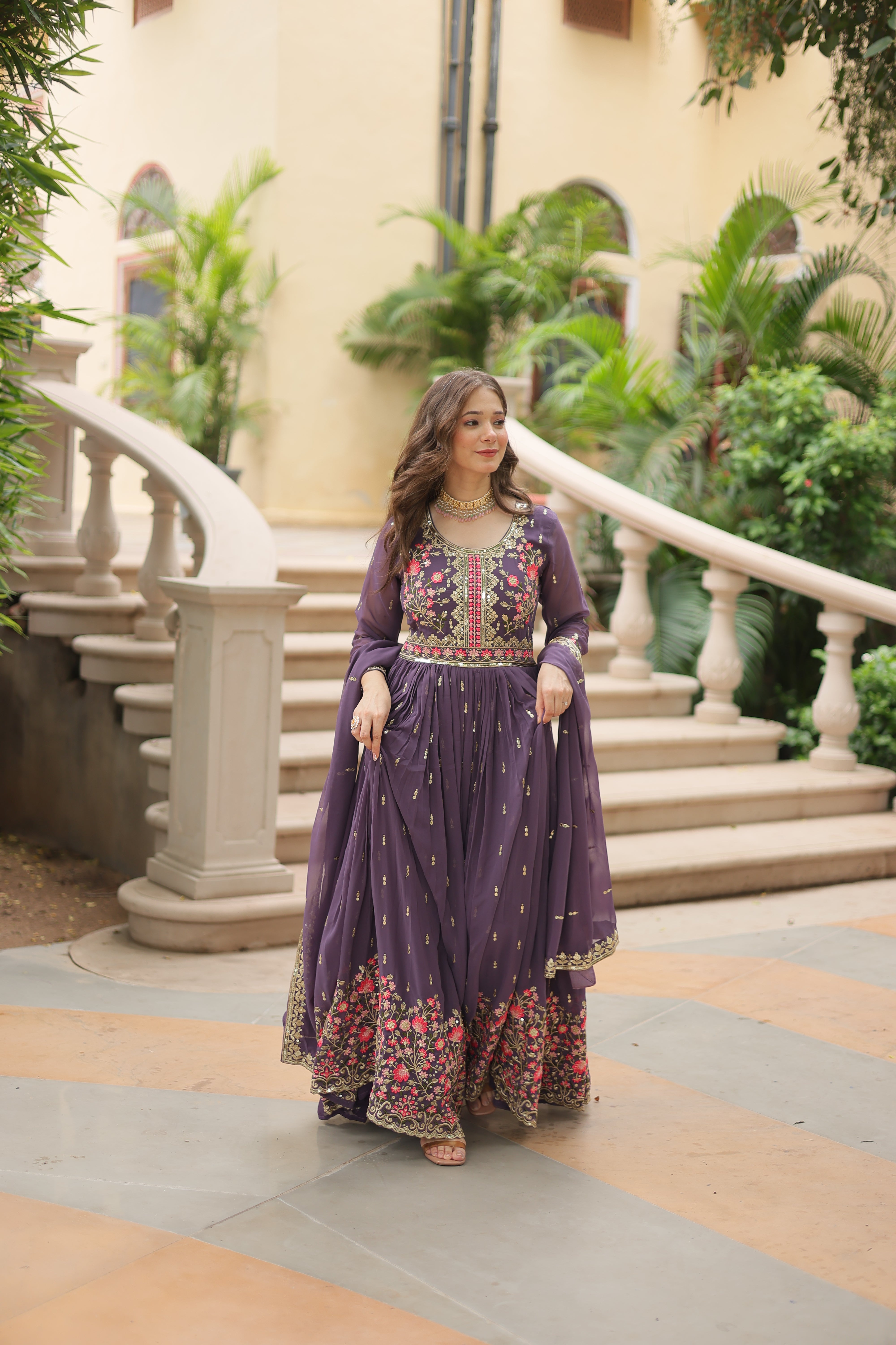 Georgette Embroidered Anarkali Suit With Sharara