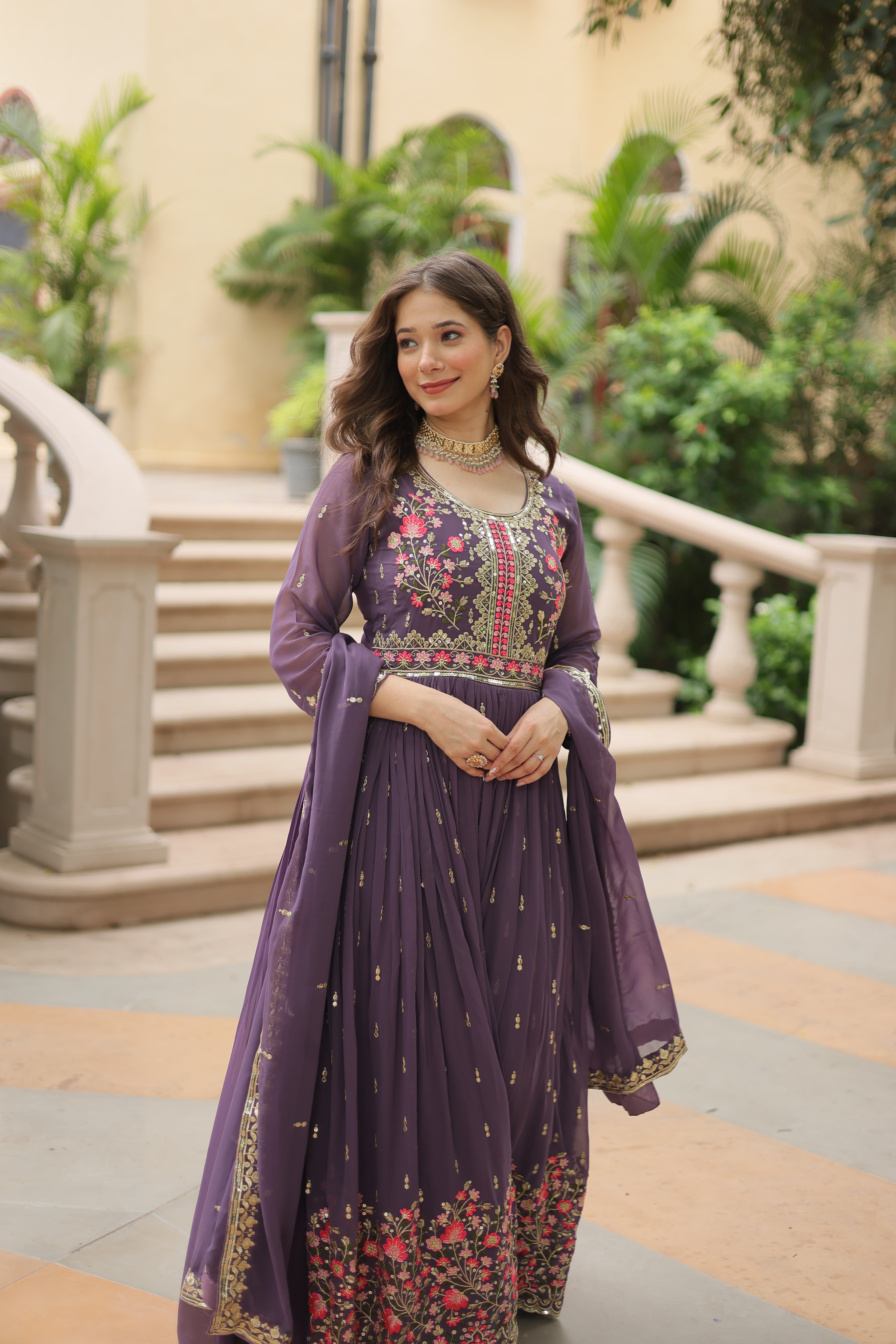 Georgette Embroidered Anarkali Suit With Sharara