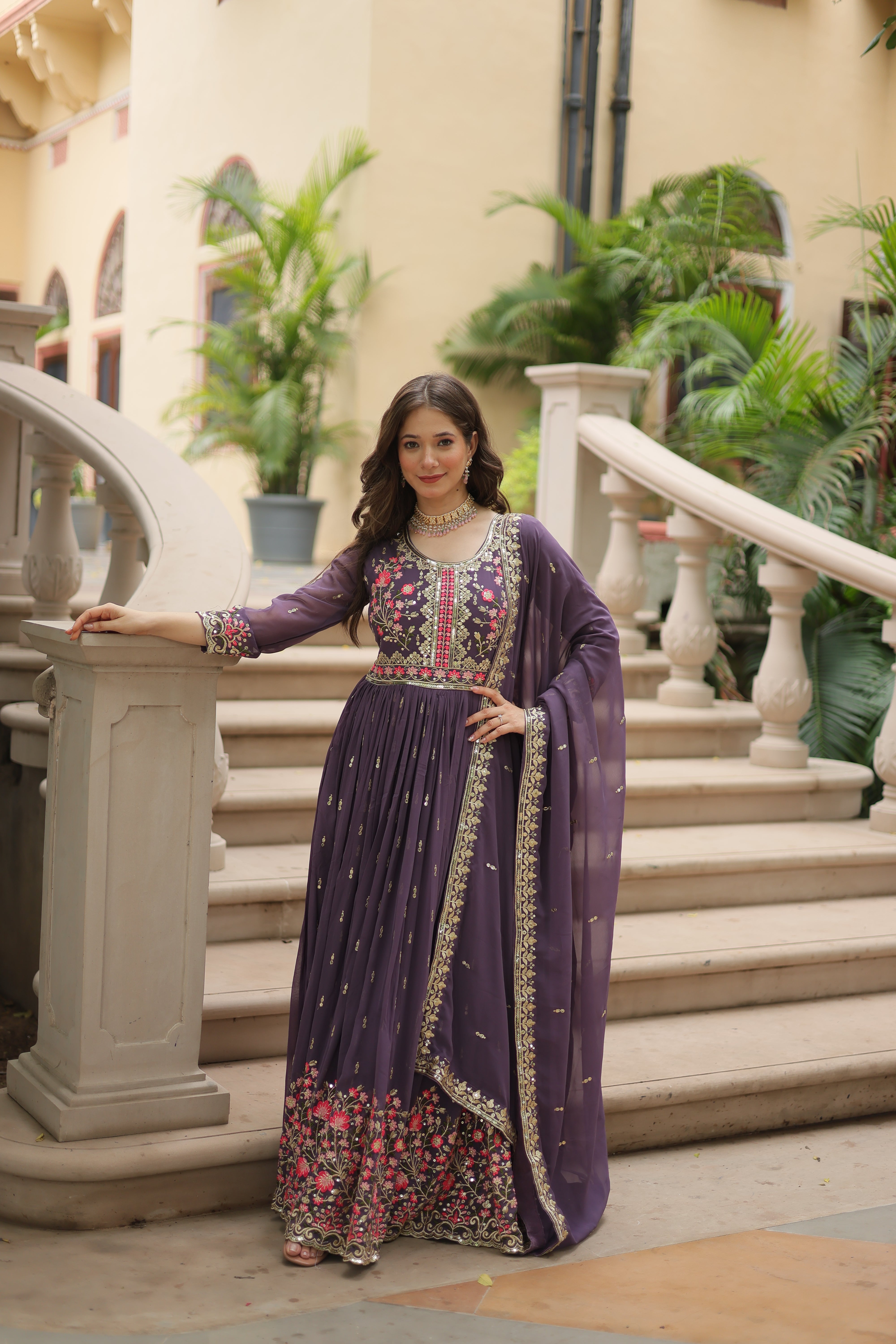 Georgette Embroidered Anarkali Suit With Sharara