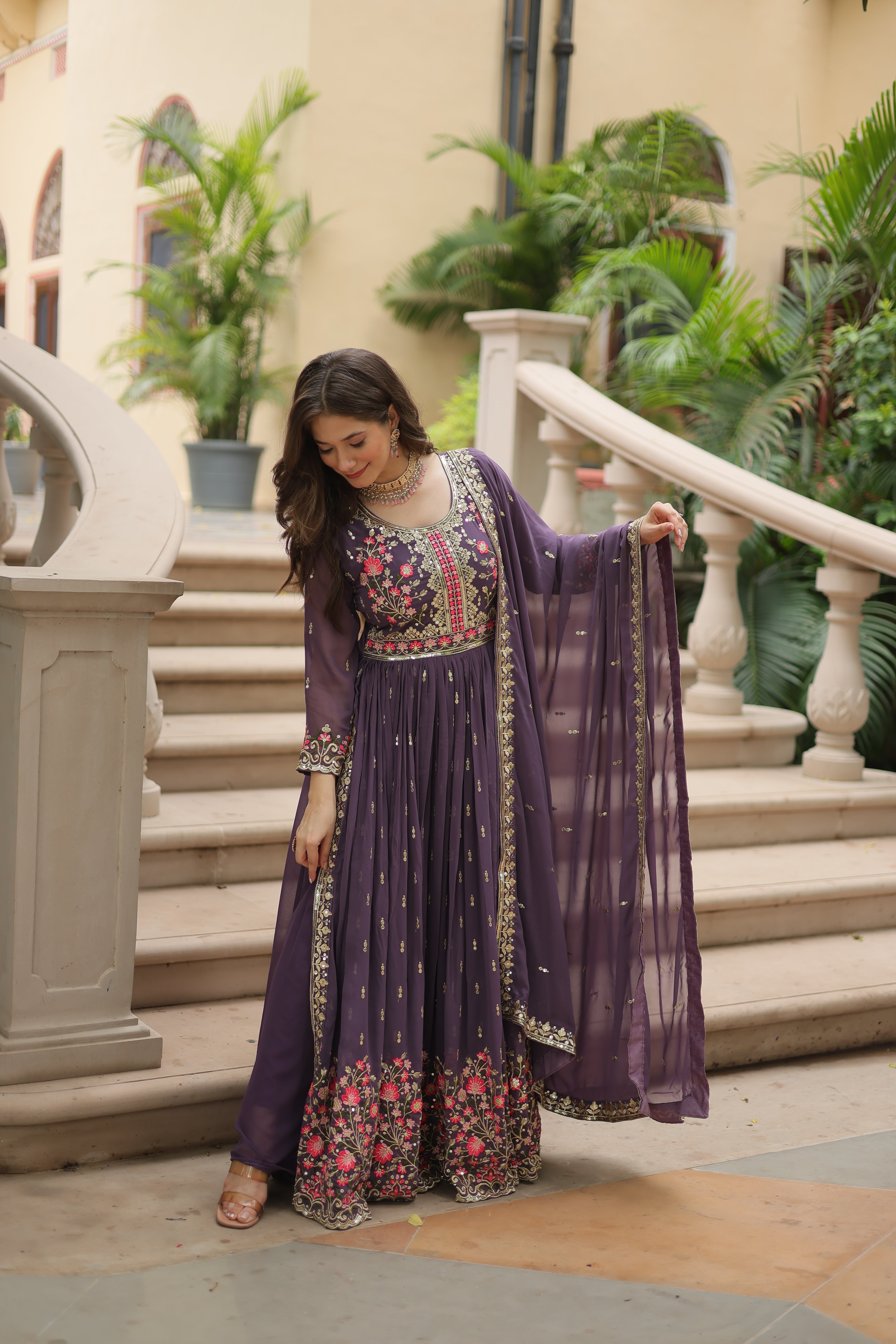Georgette Embroidered Anarkali Suit With Sharara