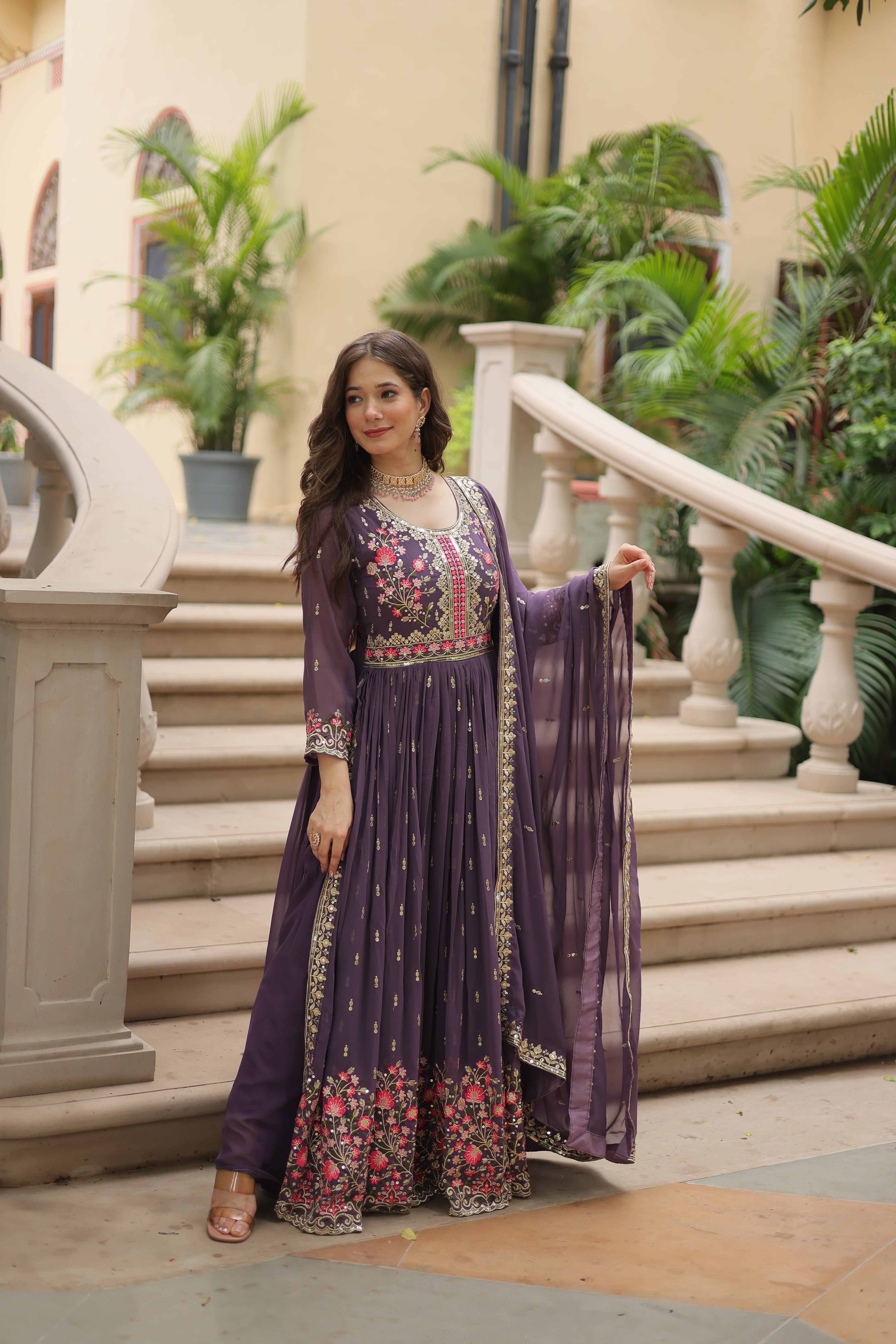 Georgette Embroidered Anarkali Suit With Sharara