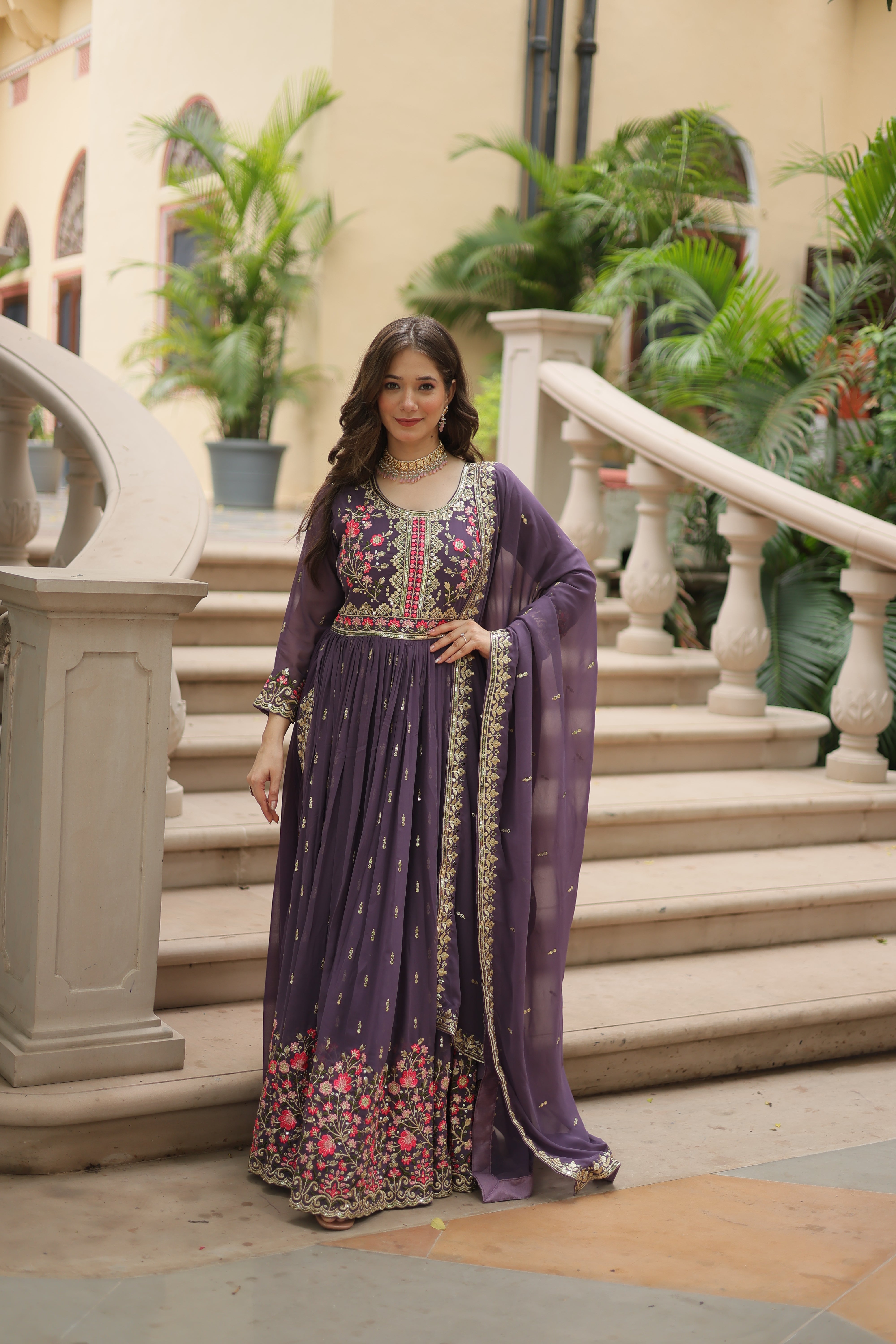 Georgette Embroidered Anarkali Suit With Sharara