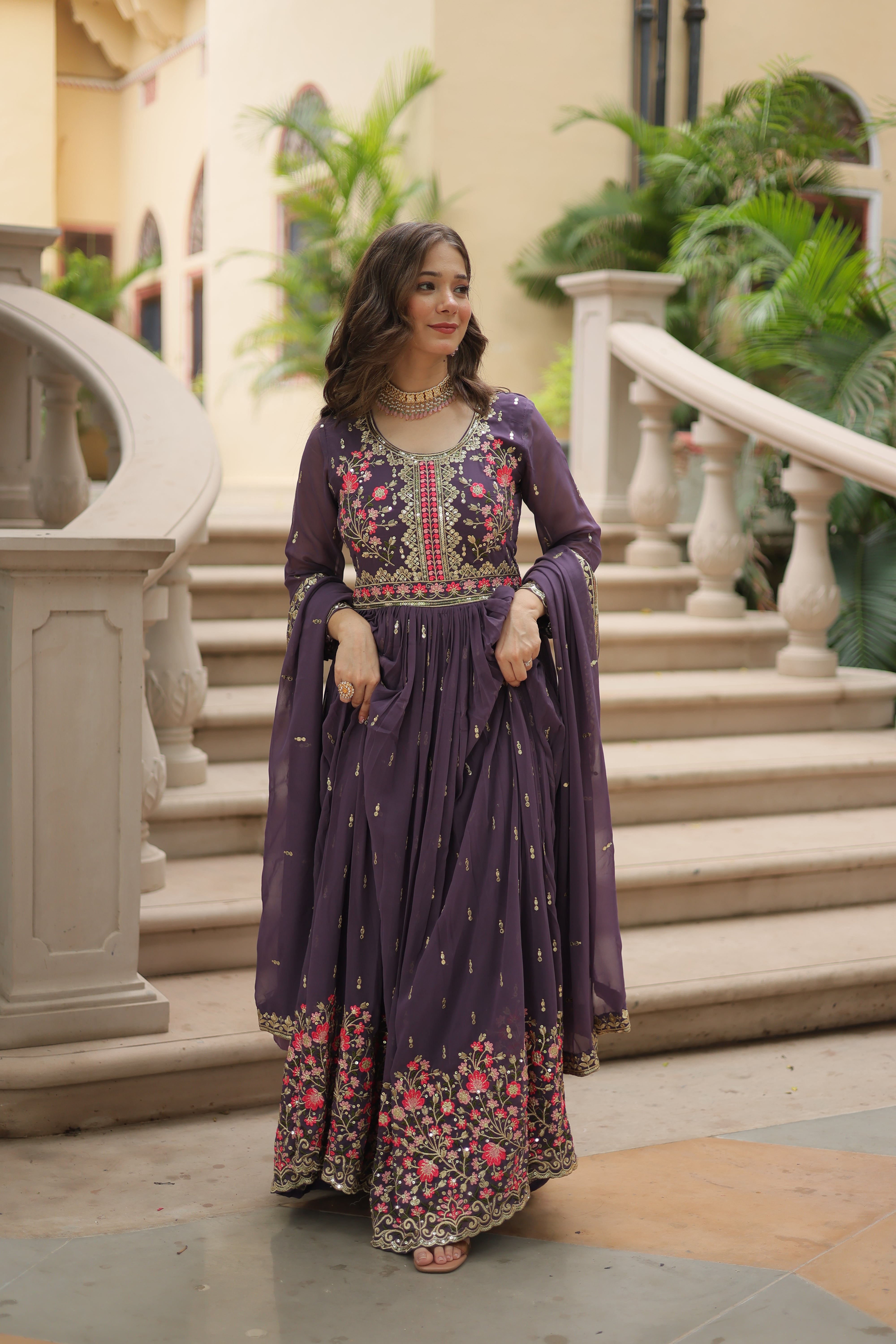 Georgette Embroidered Anarkali Suit With Sharara