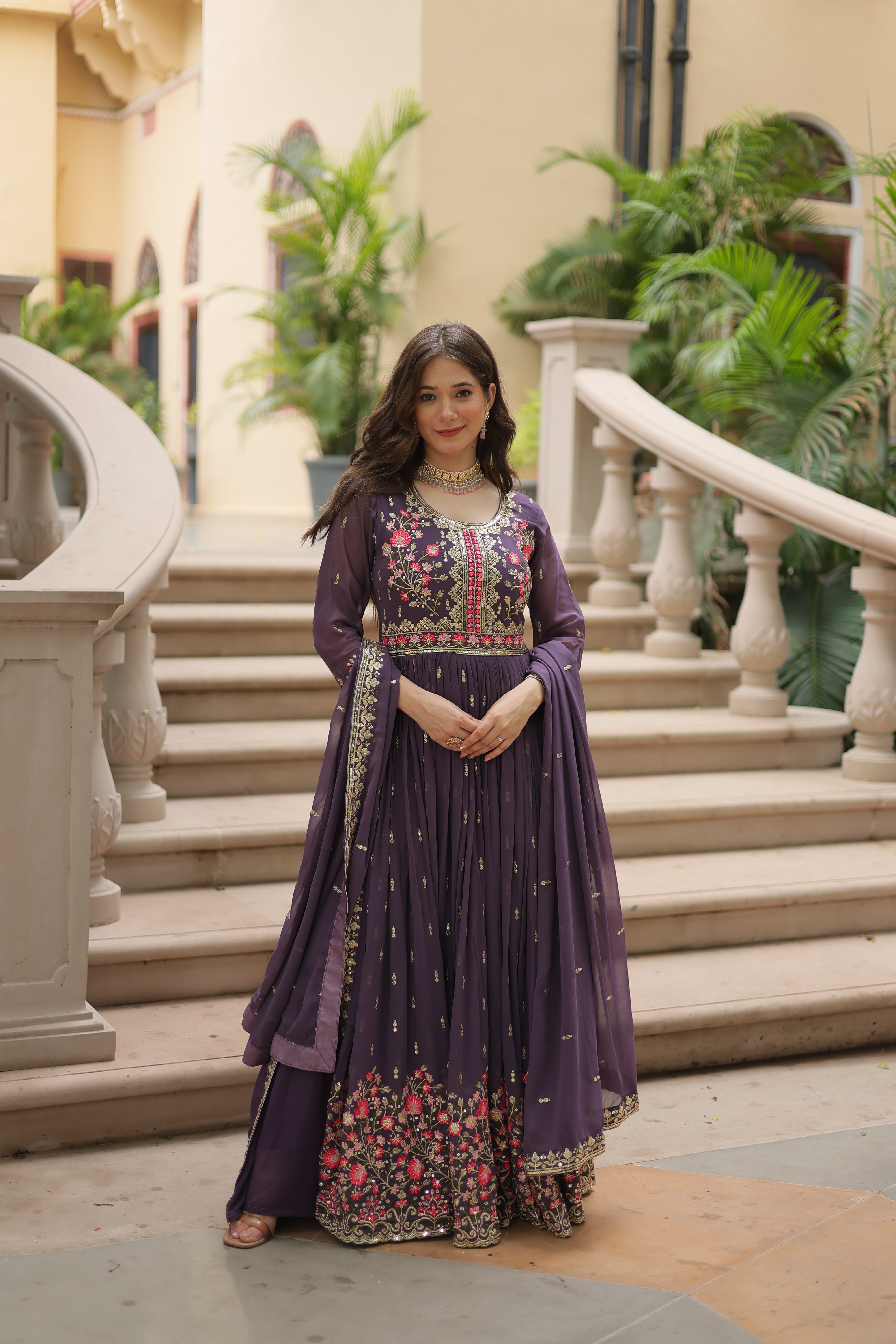 Georgette Embroidered Anarkali Suit With Sharara