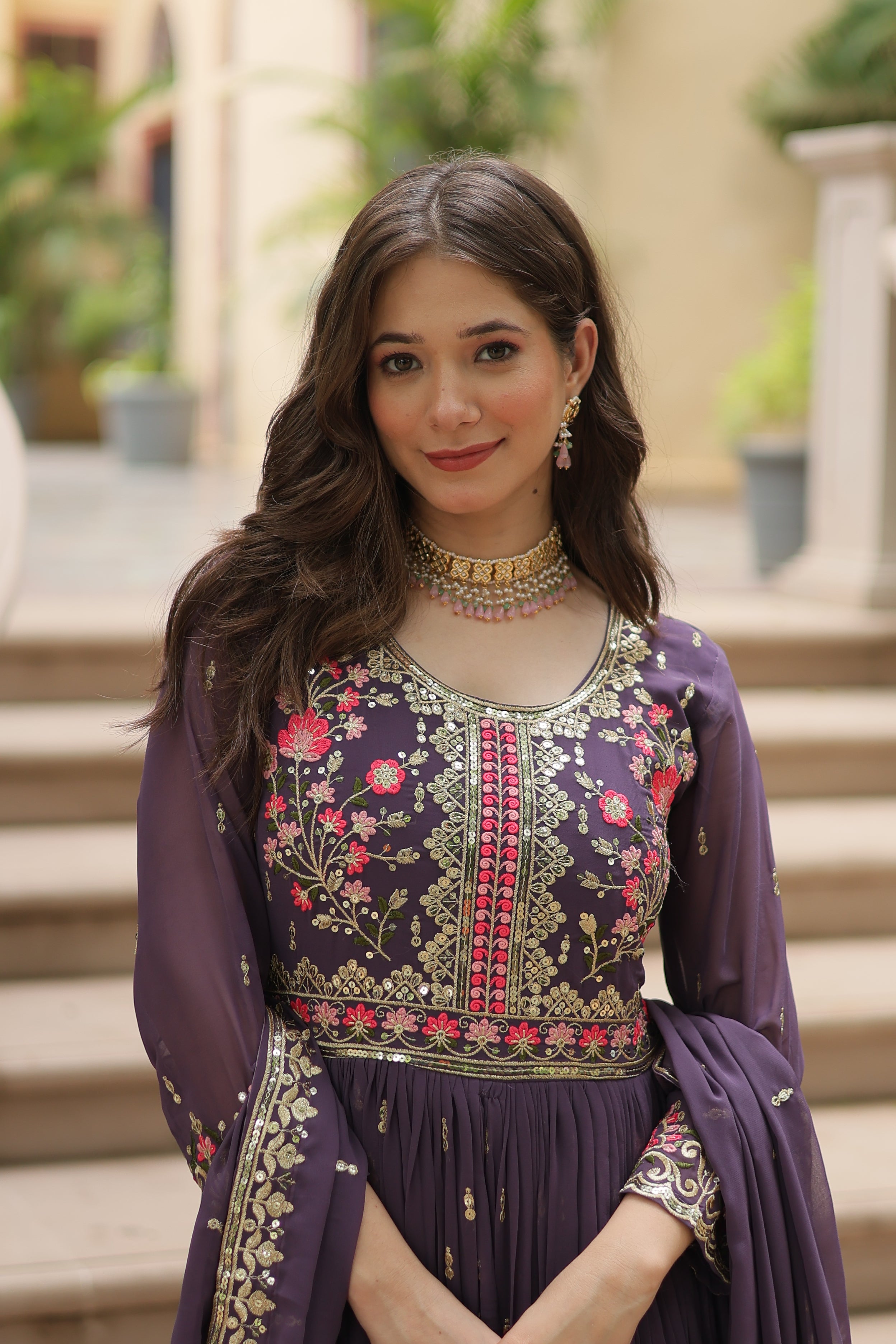 Georgette Embroidered Anarkali Suit With Sharara