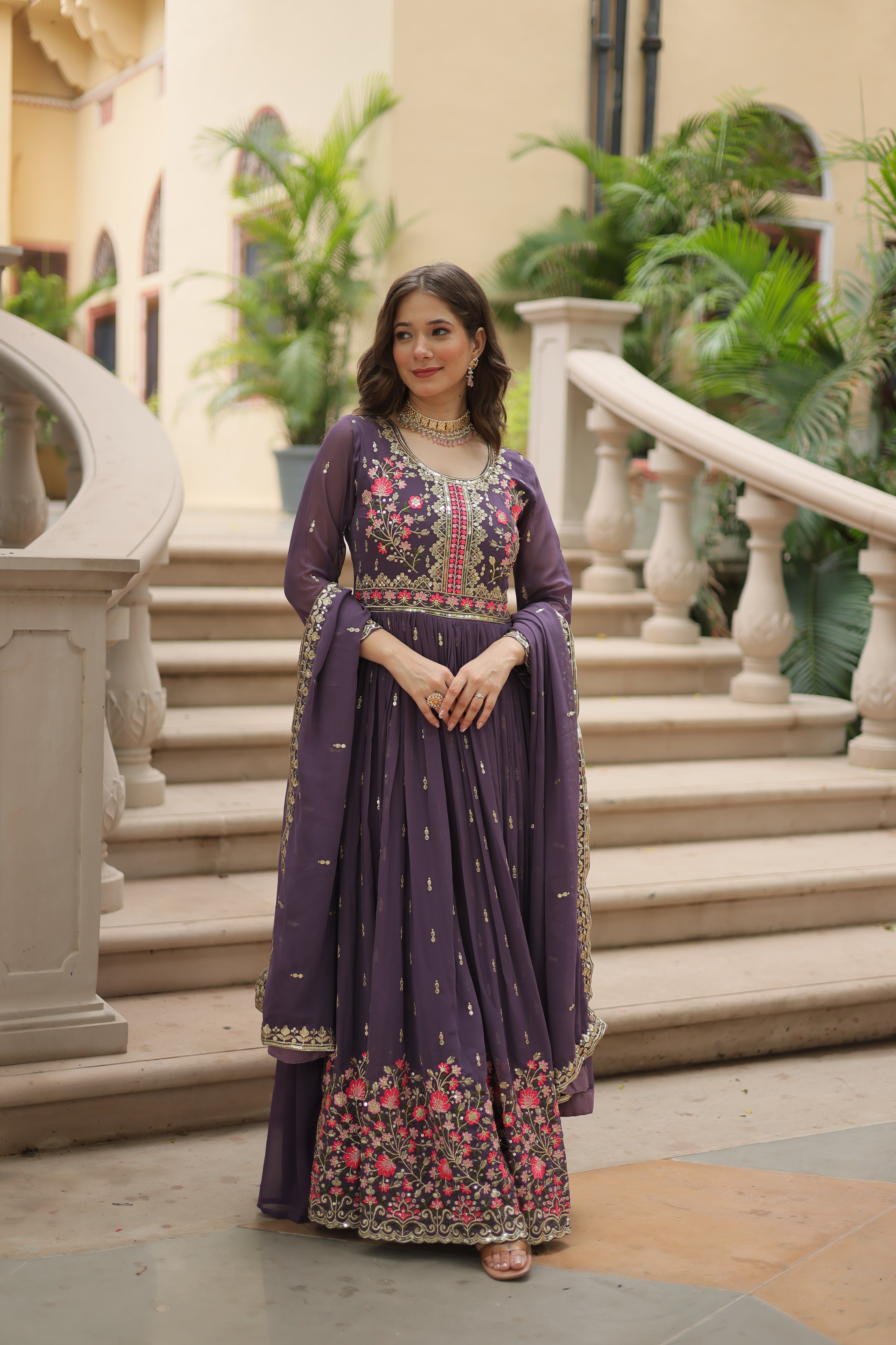 Georgette Embroidered Anarkali Suit With Sharara