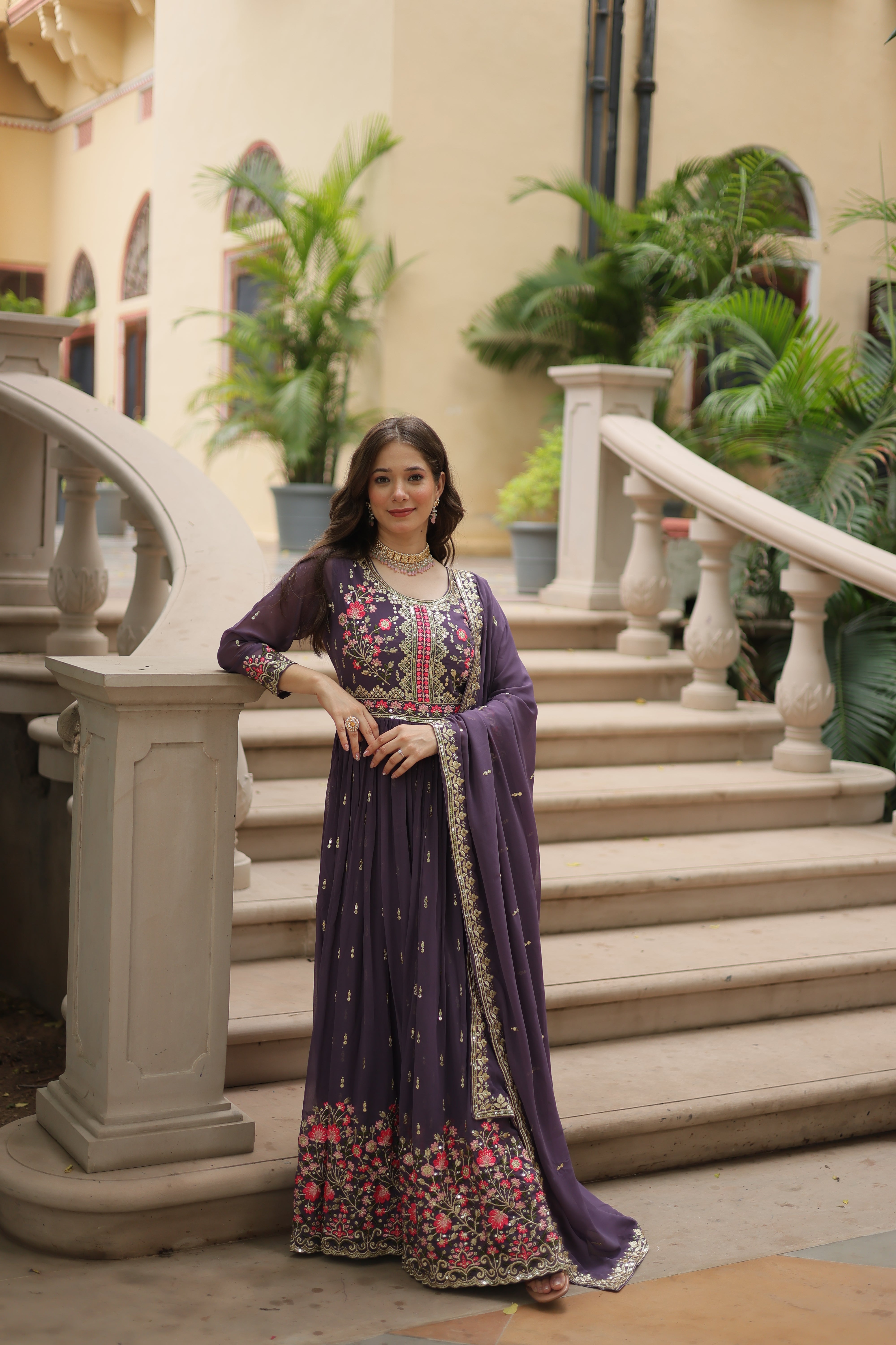 Georgette Embroidered Anarkali Suit With Sharara
