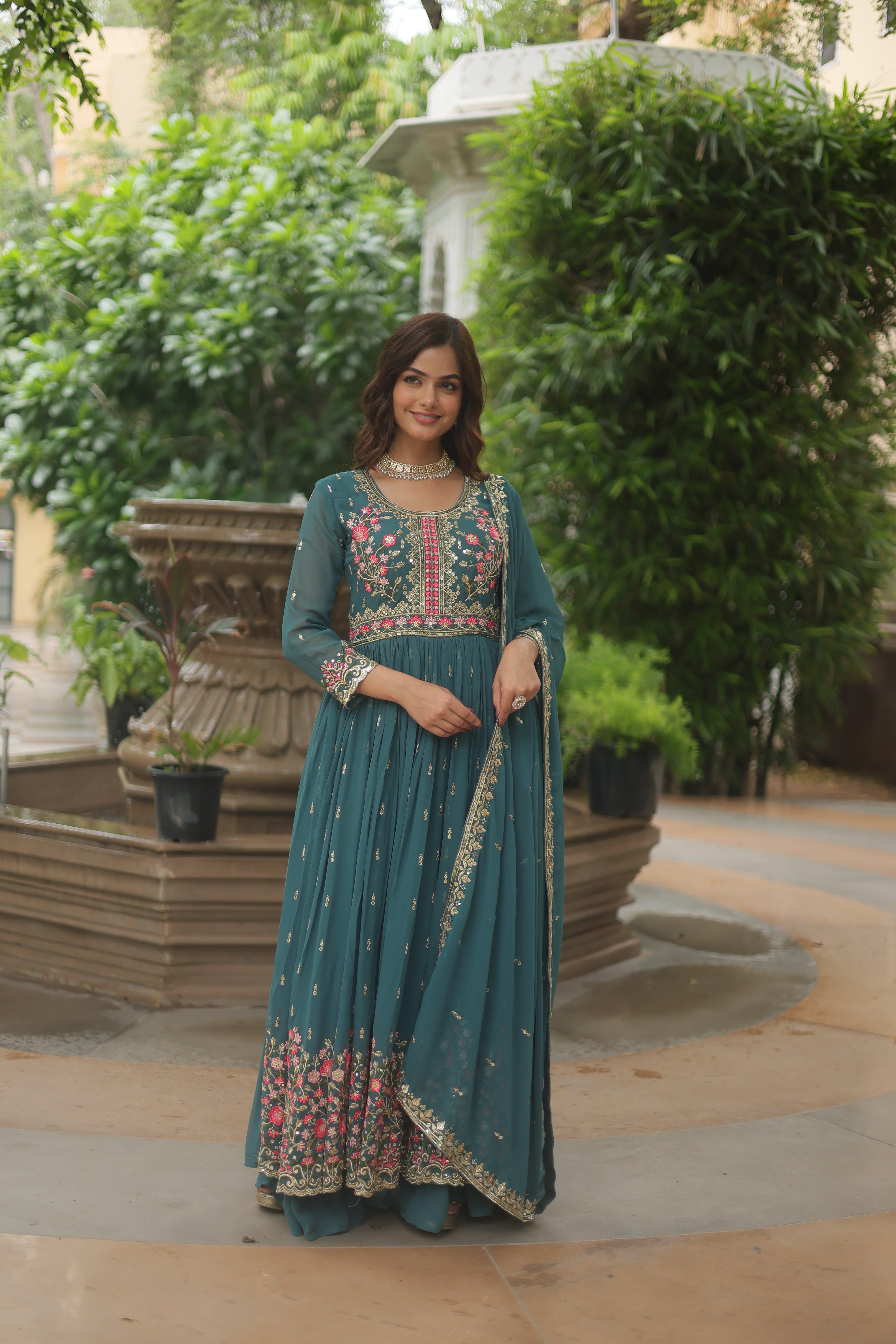 Georgette Embroidered Anarkali Suit With Sharara