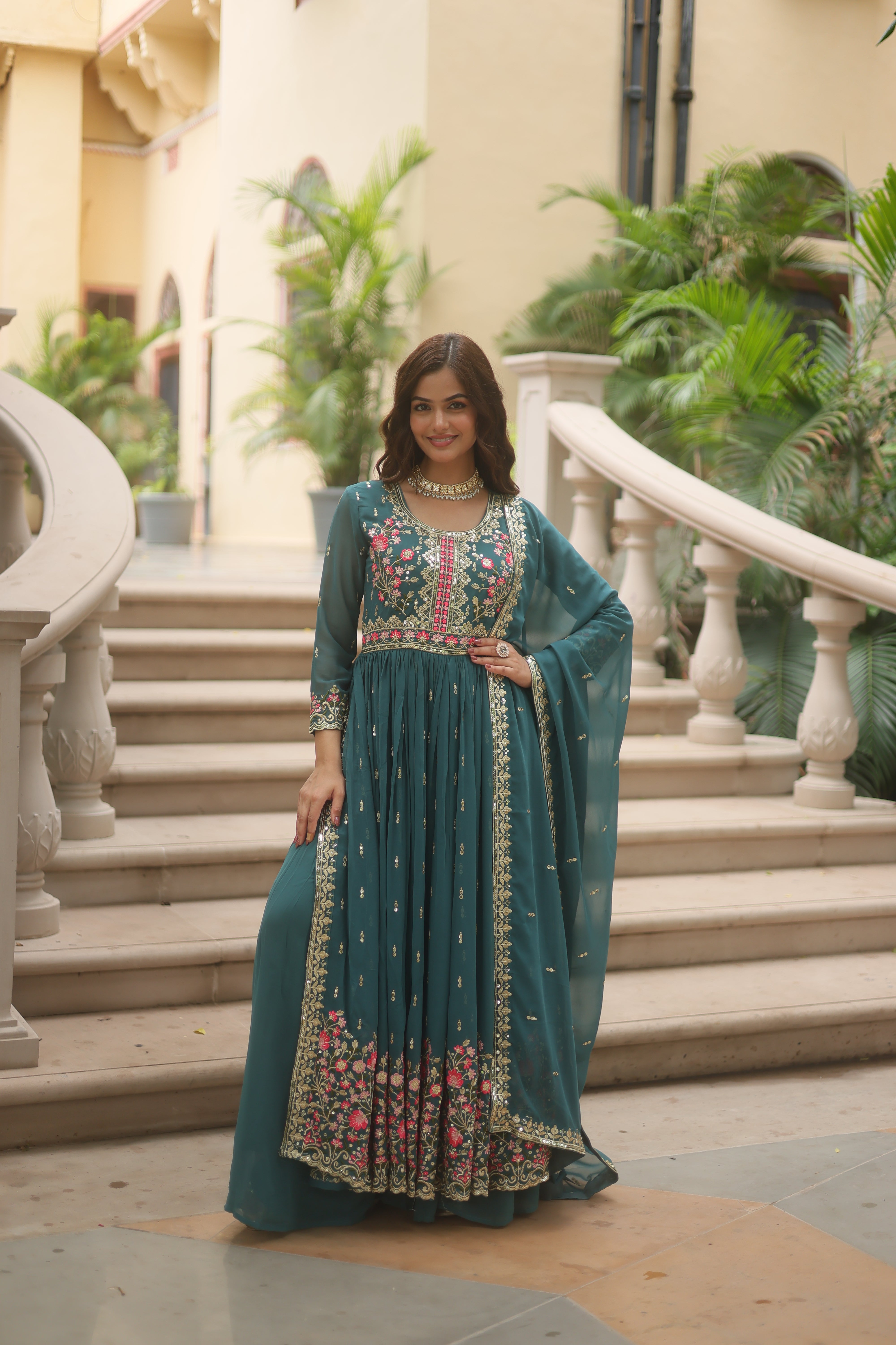 Georgette Embroidered Anarkali Suit With Sharara