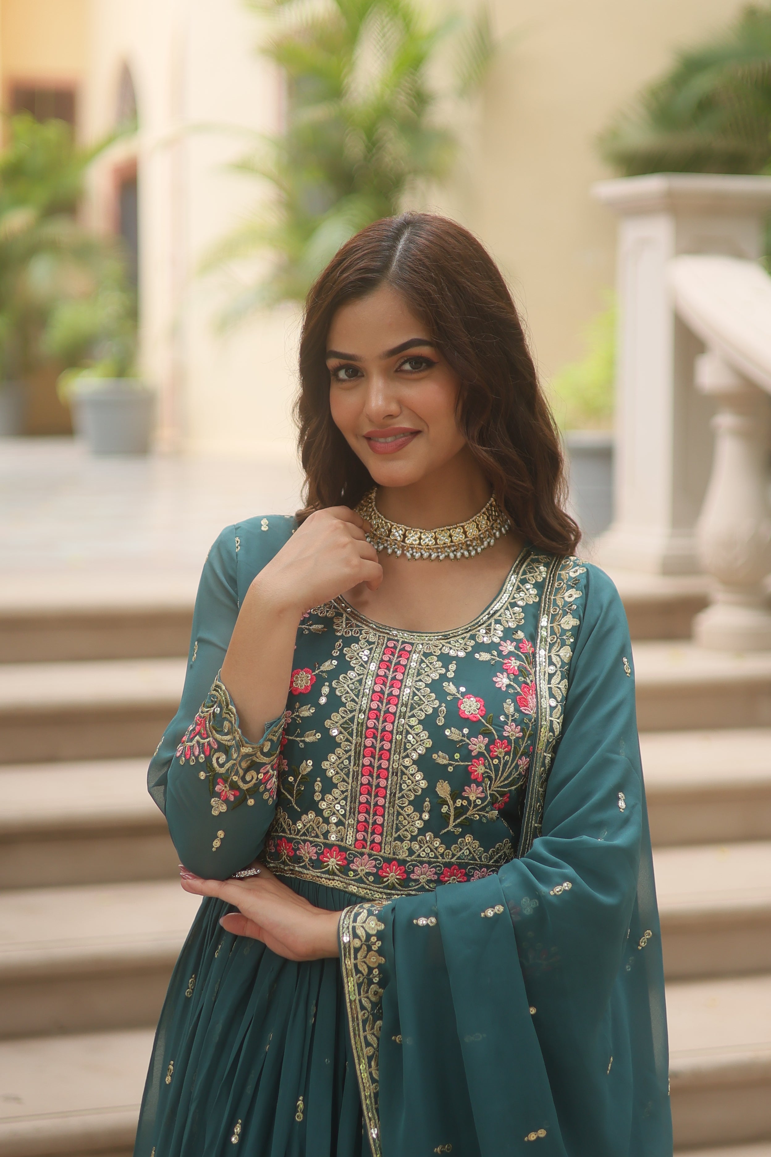 Georgette Embroidered Anarkali Suit With Sharara