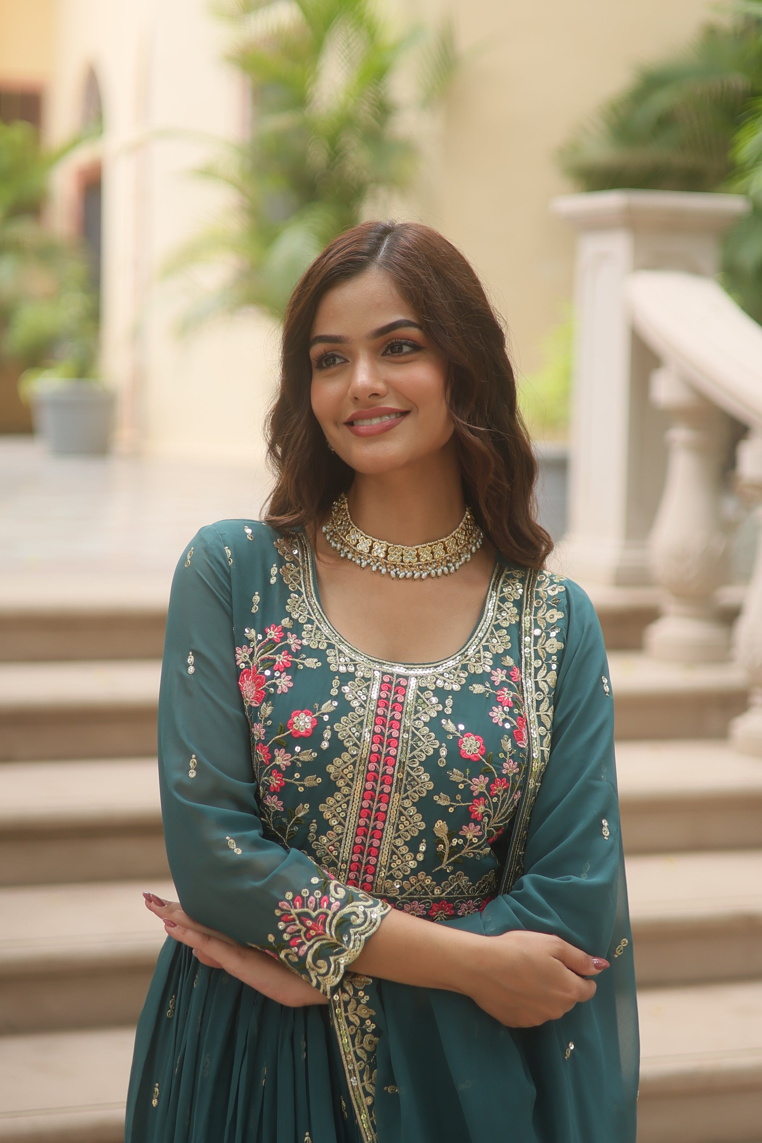 Georgette Embroidered Anarkali Suit With Sharara