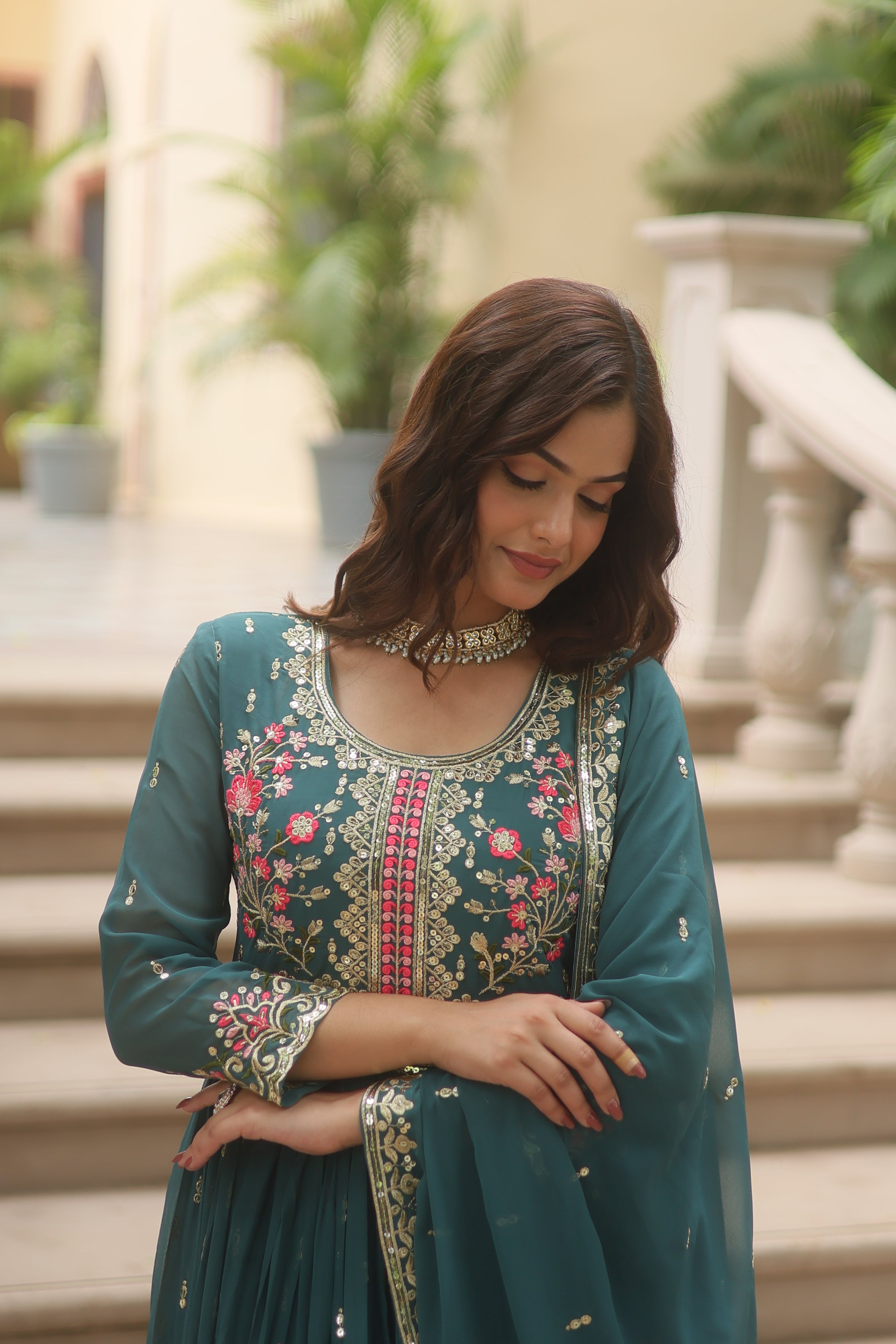 Georgette Embroidered Anarkali Suit With Sharara