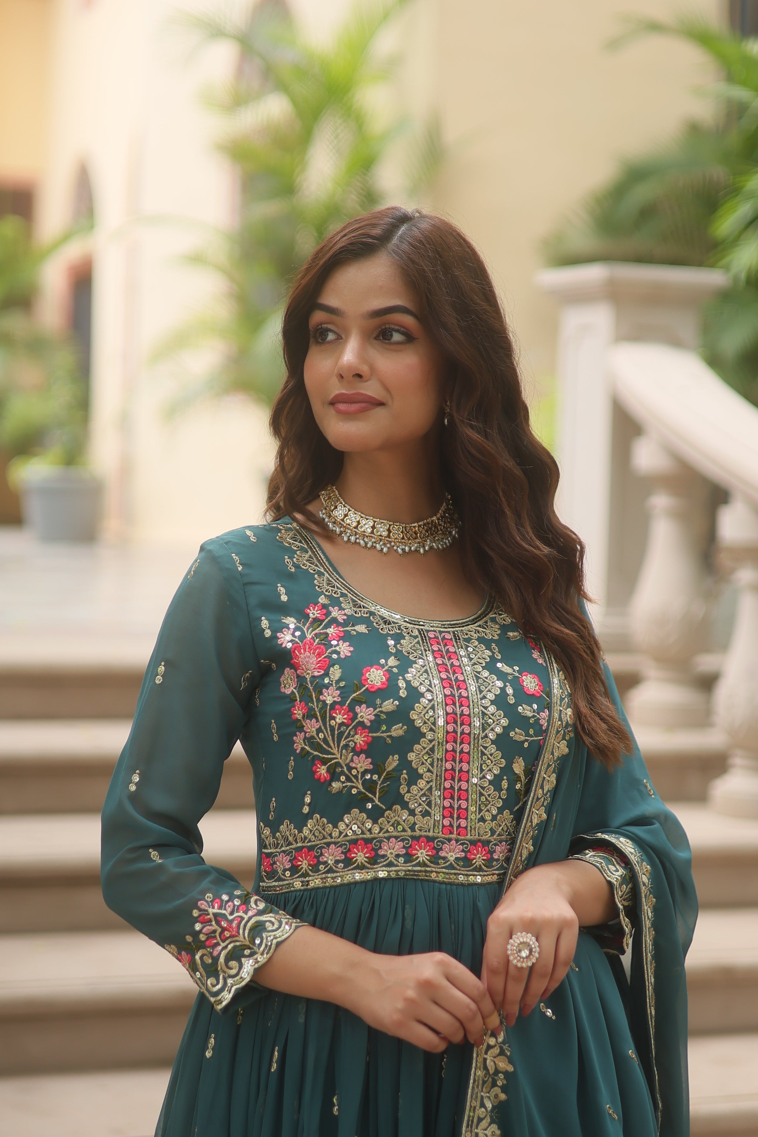 Georgette Embroidered Anarkali Suit With Sharara