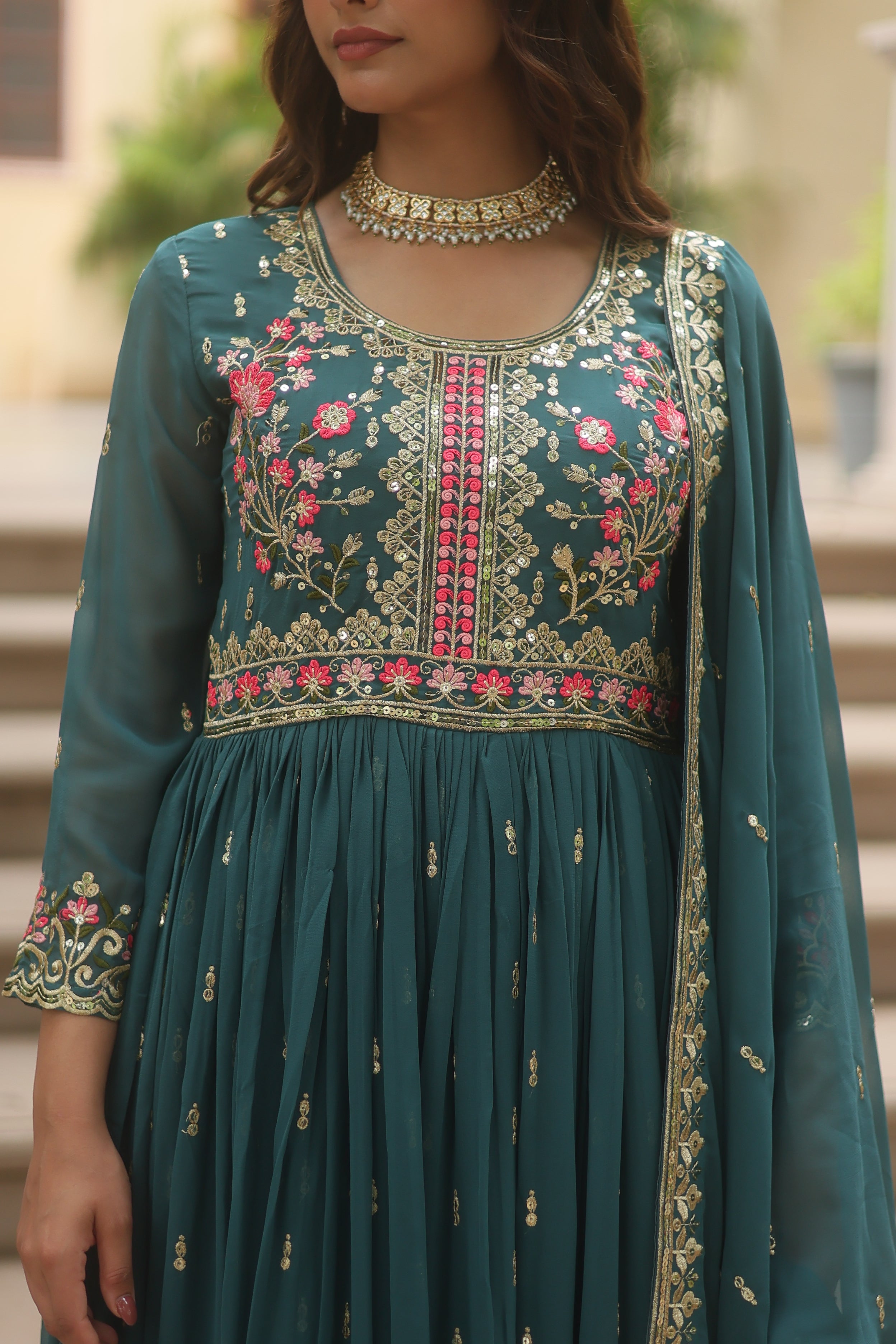 Georgette Embroidered Anarkali Suit With Sharara