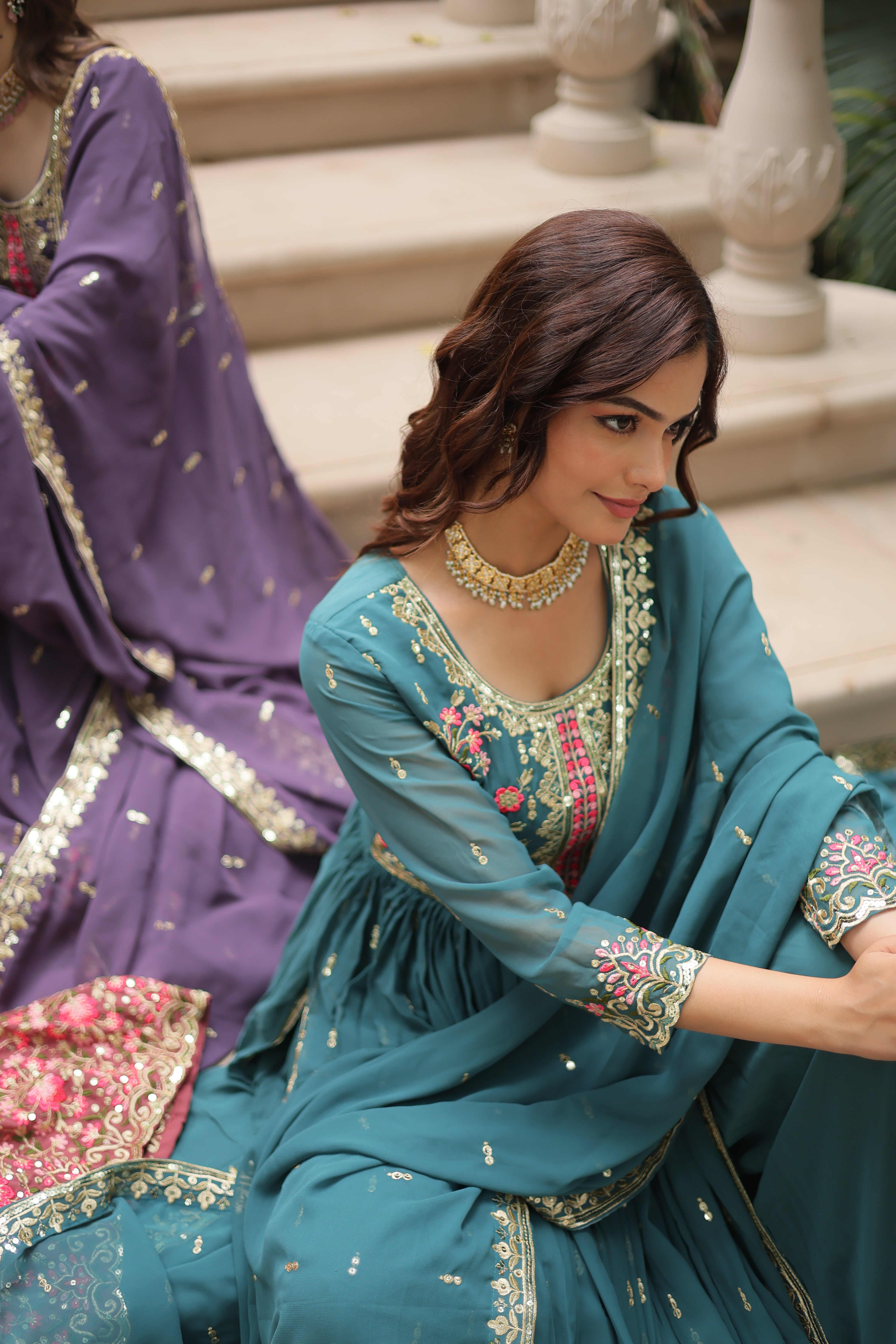 Georgette Embroidered Anarkali Suit With Sharara