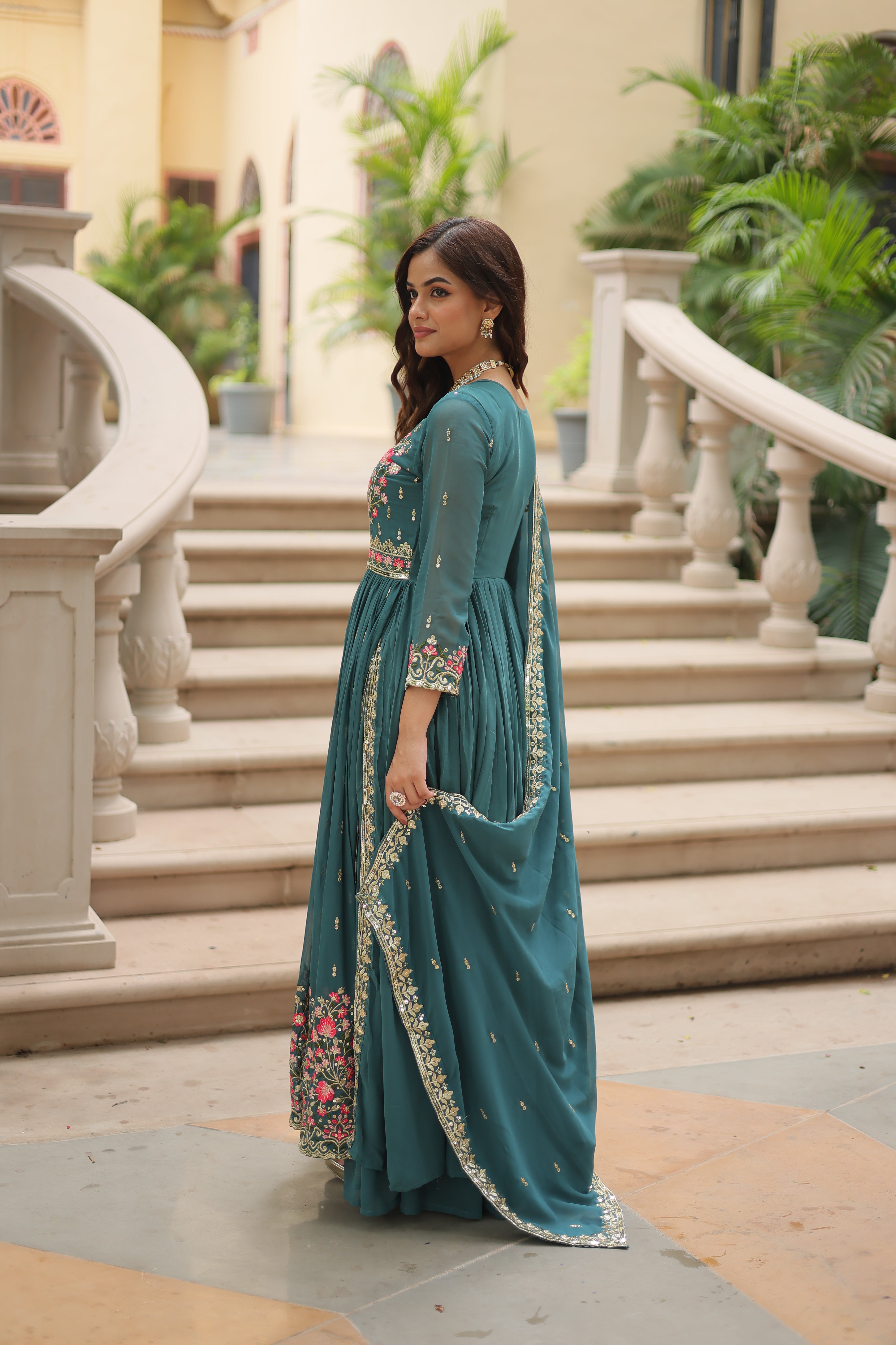 Georgette Embroidered Anarkali Suit With Sharara