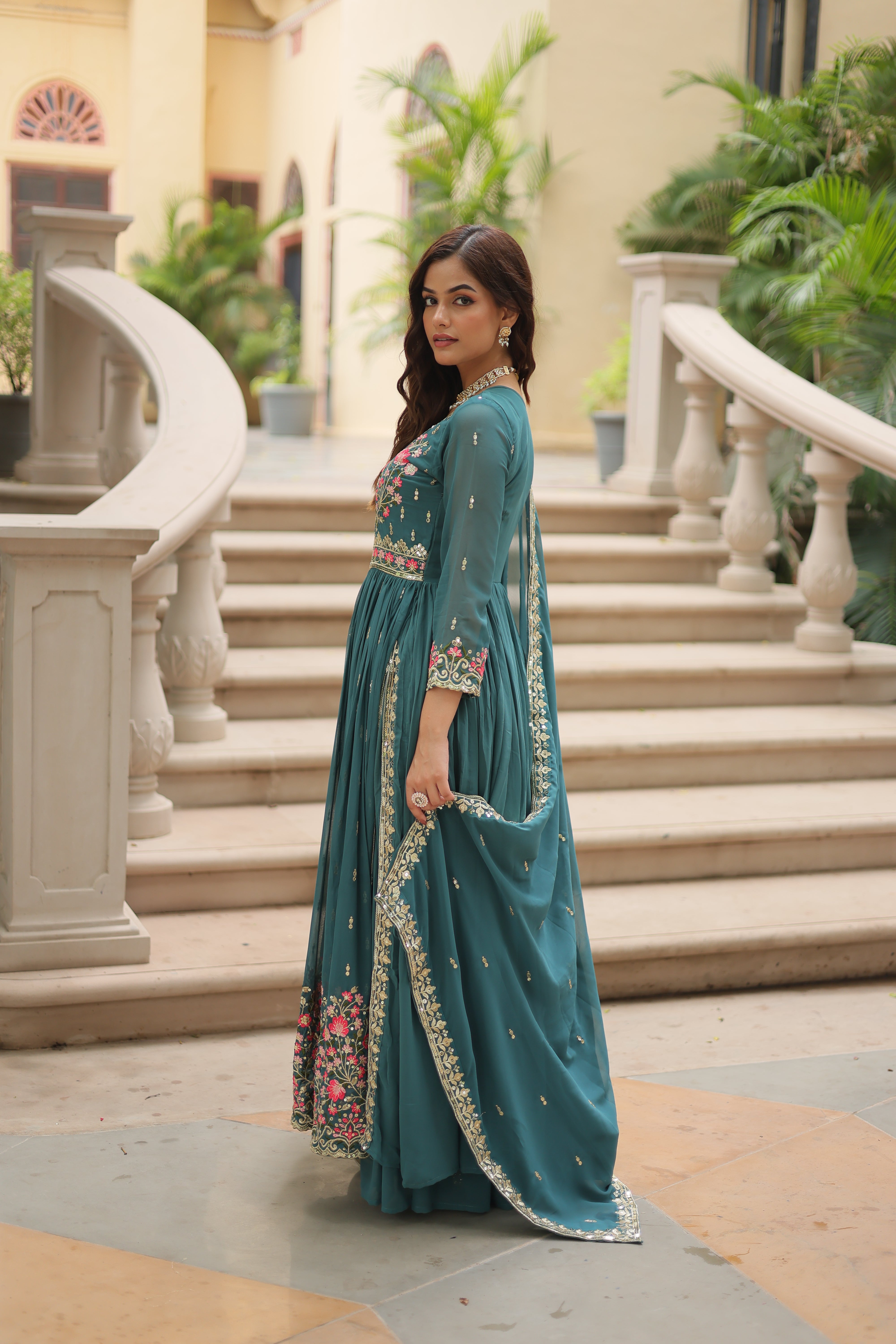 Georgette Embroidered Anarkali Suit With Sharara