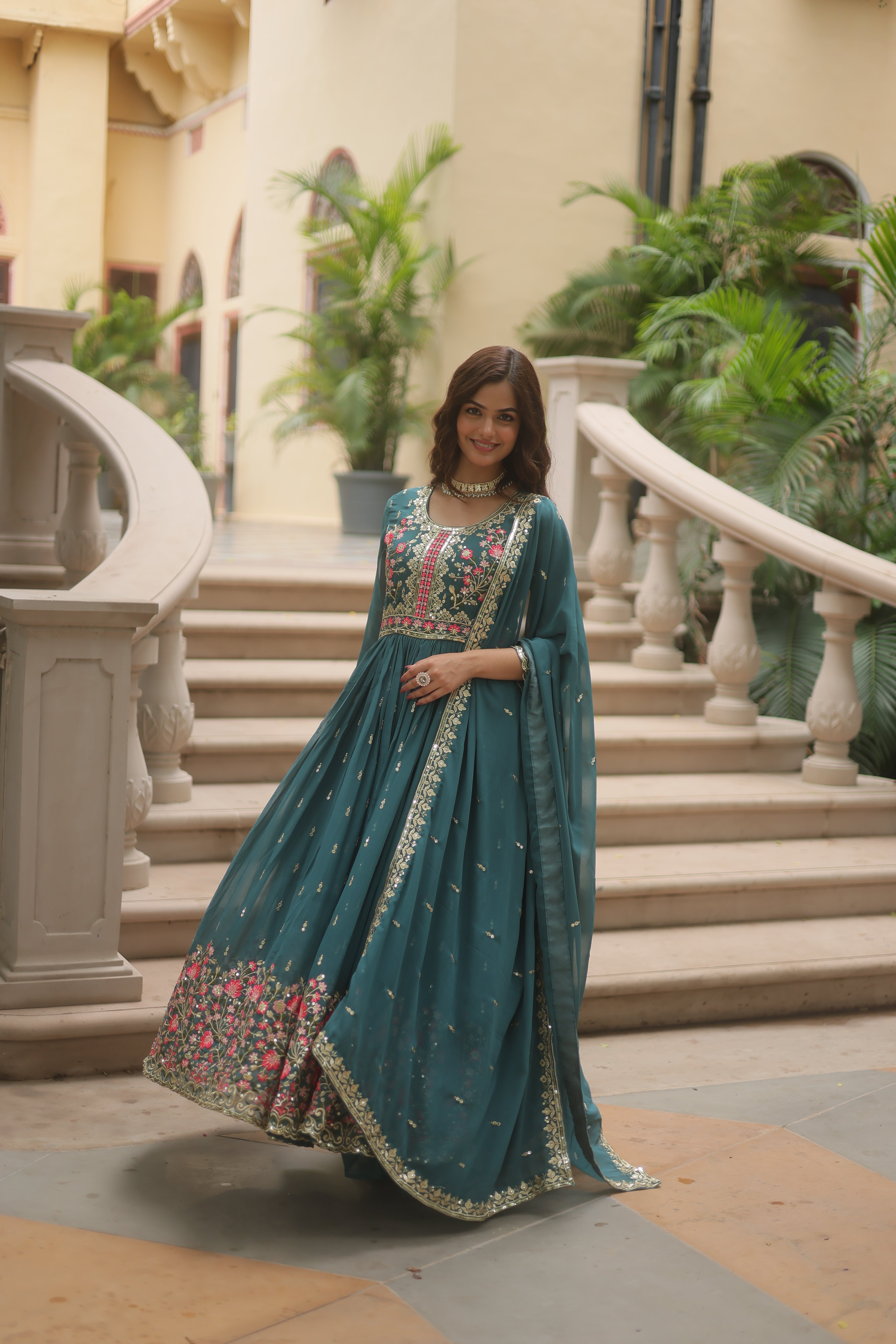 Georgette Embroidered Anarkali Suit With Sharara