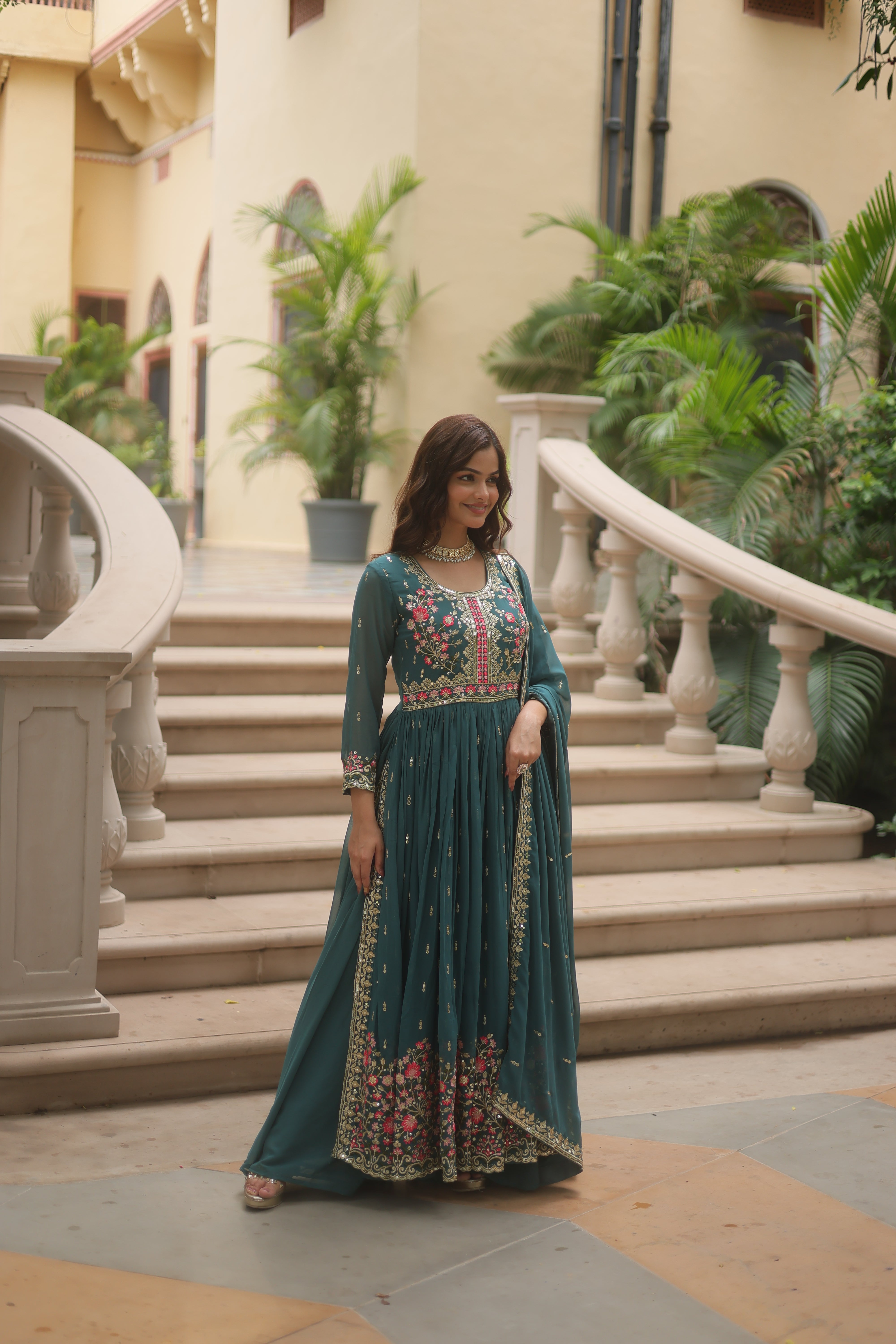 Georgette Embroidered Anarkali Suit With Sharara