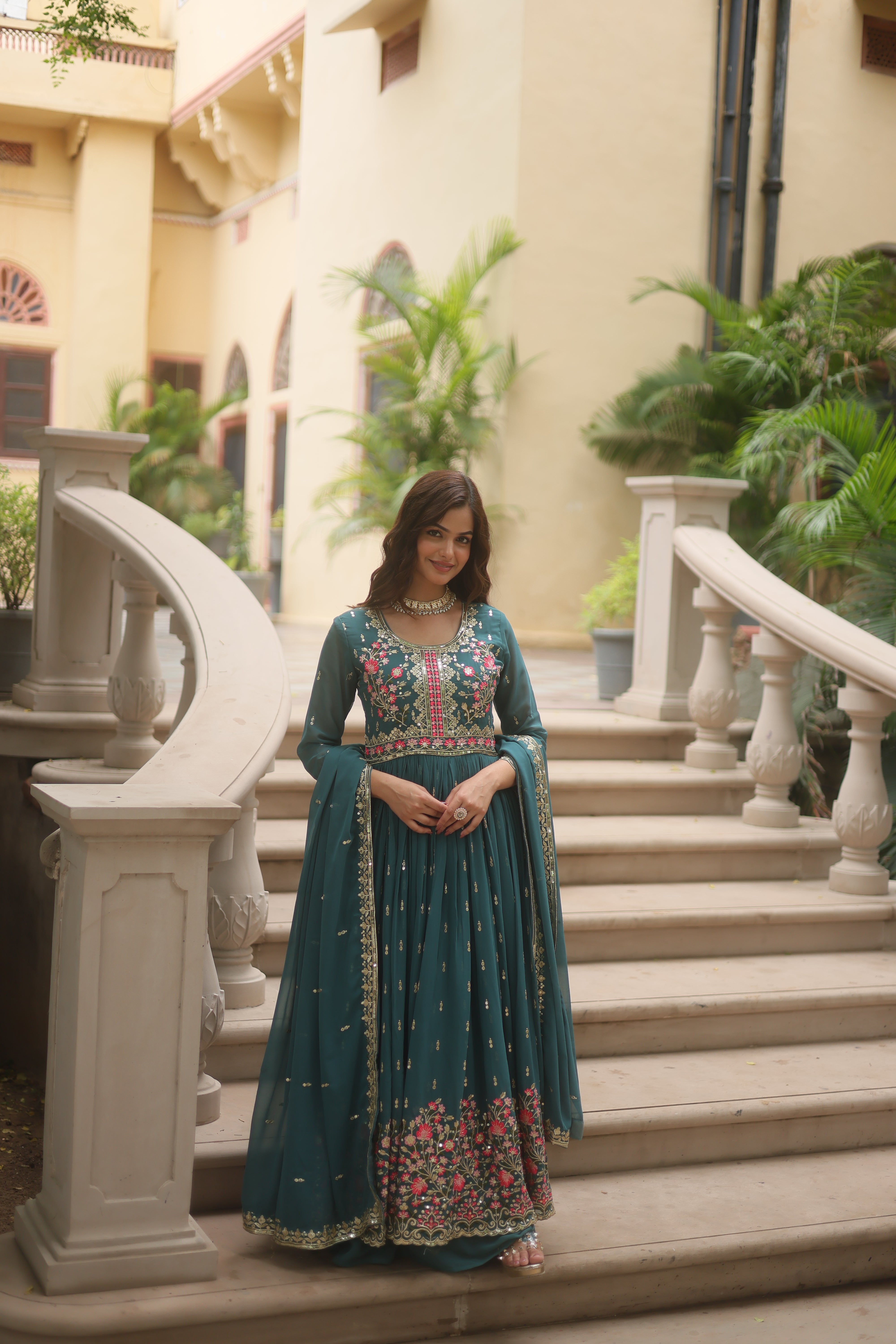 Georgette Embroidered Anarkali Suit With Sharara