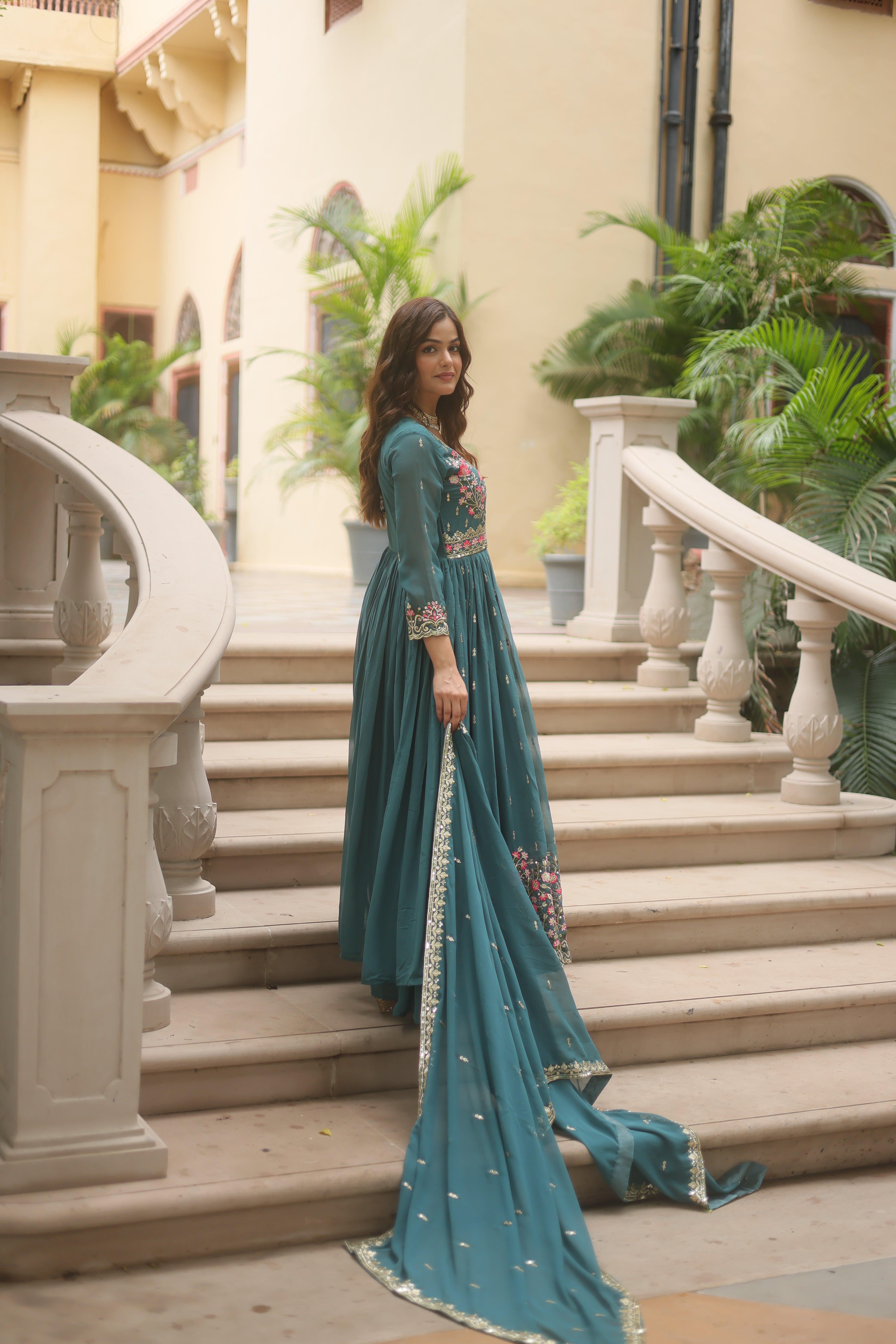 Georgette Embroidered Anarkali Suit With Sharara