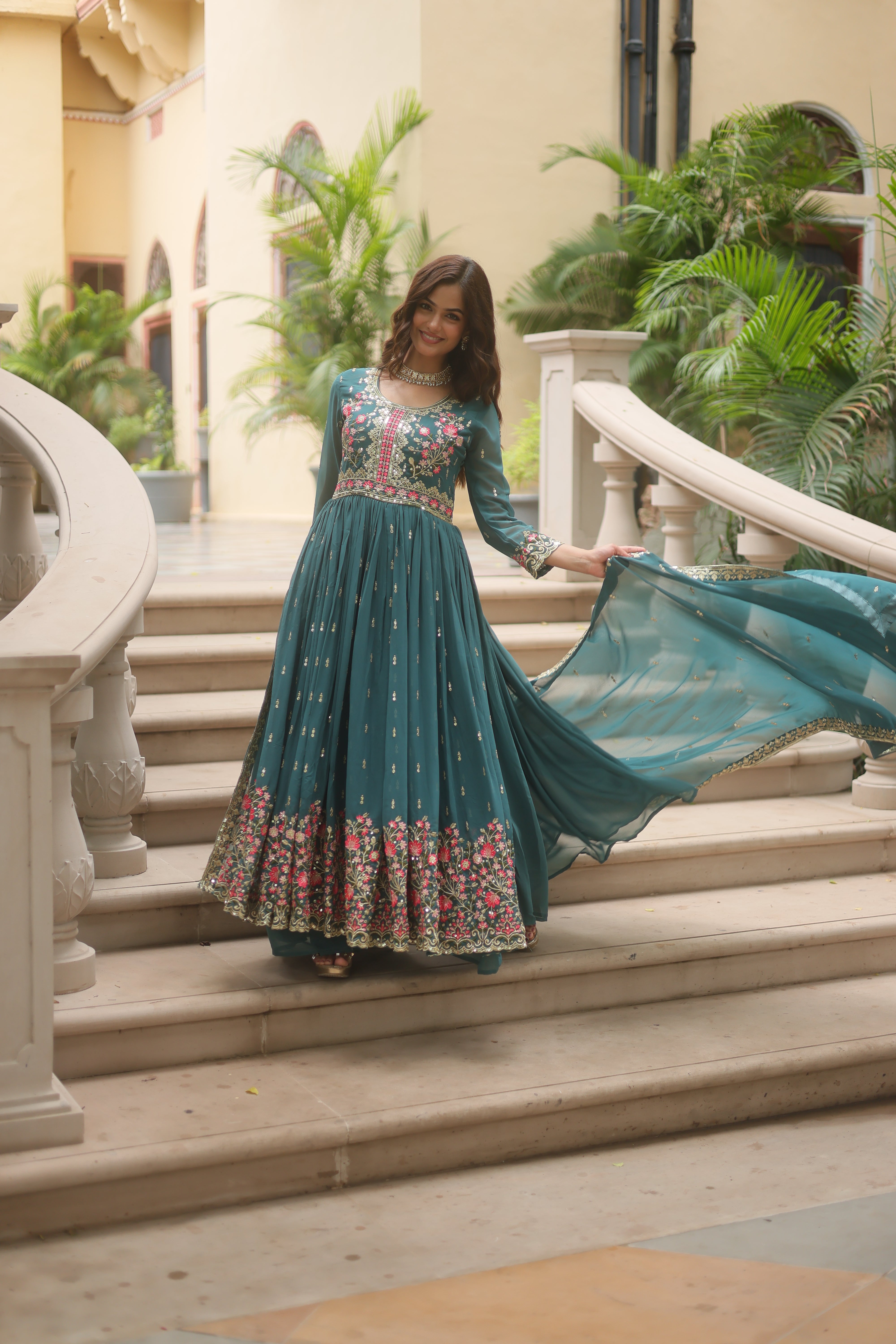 Georgette Embroidered Anarkali Suit With Sharara