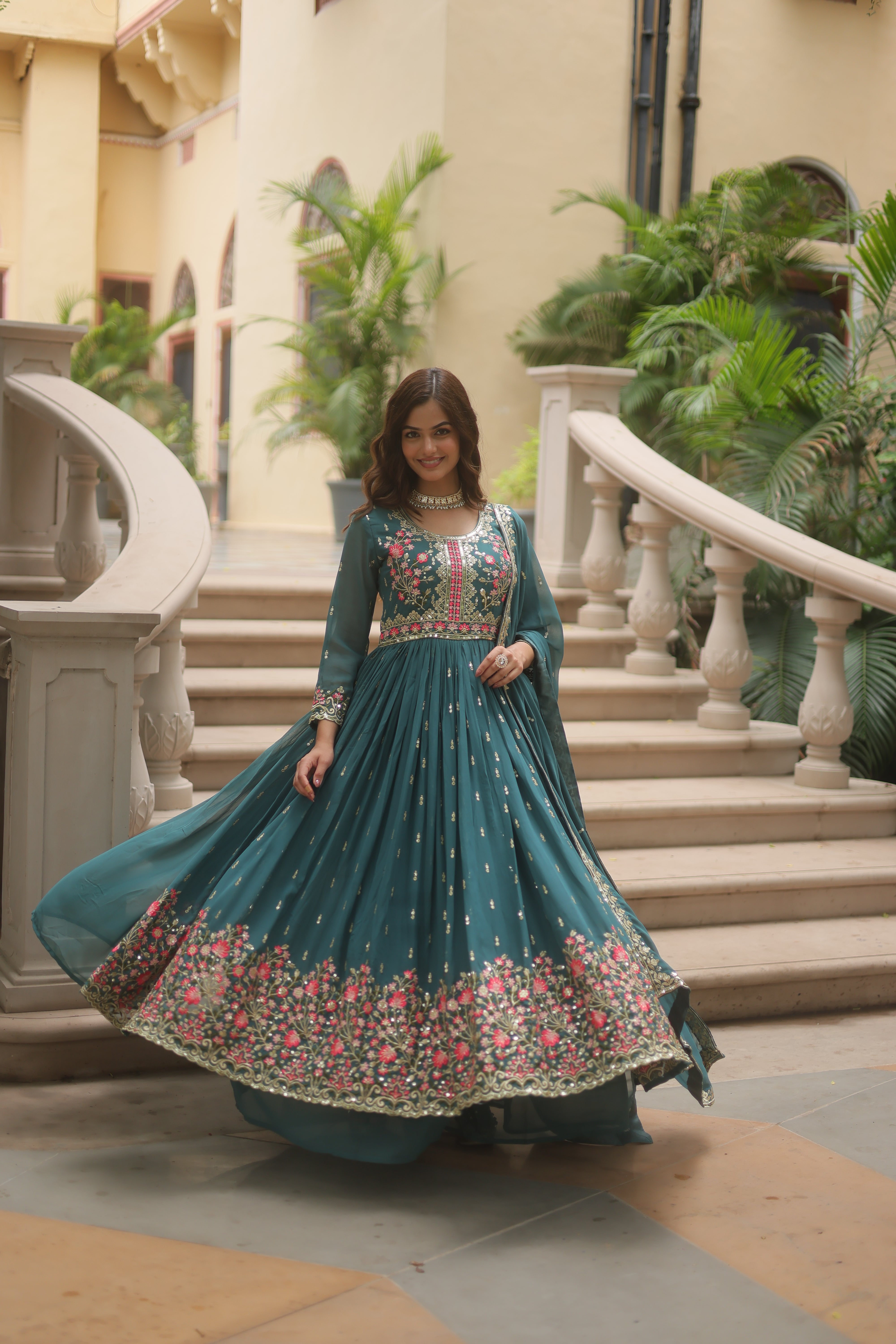 Georgette Embroidered Anarkali Suit With Sharara