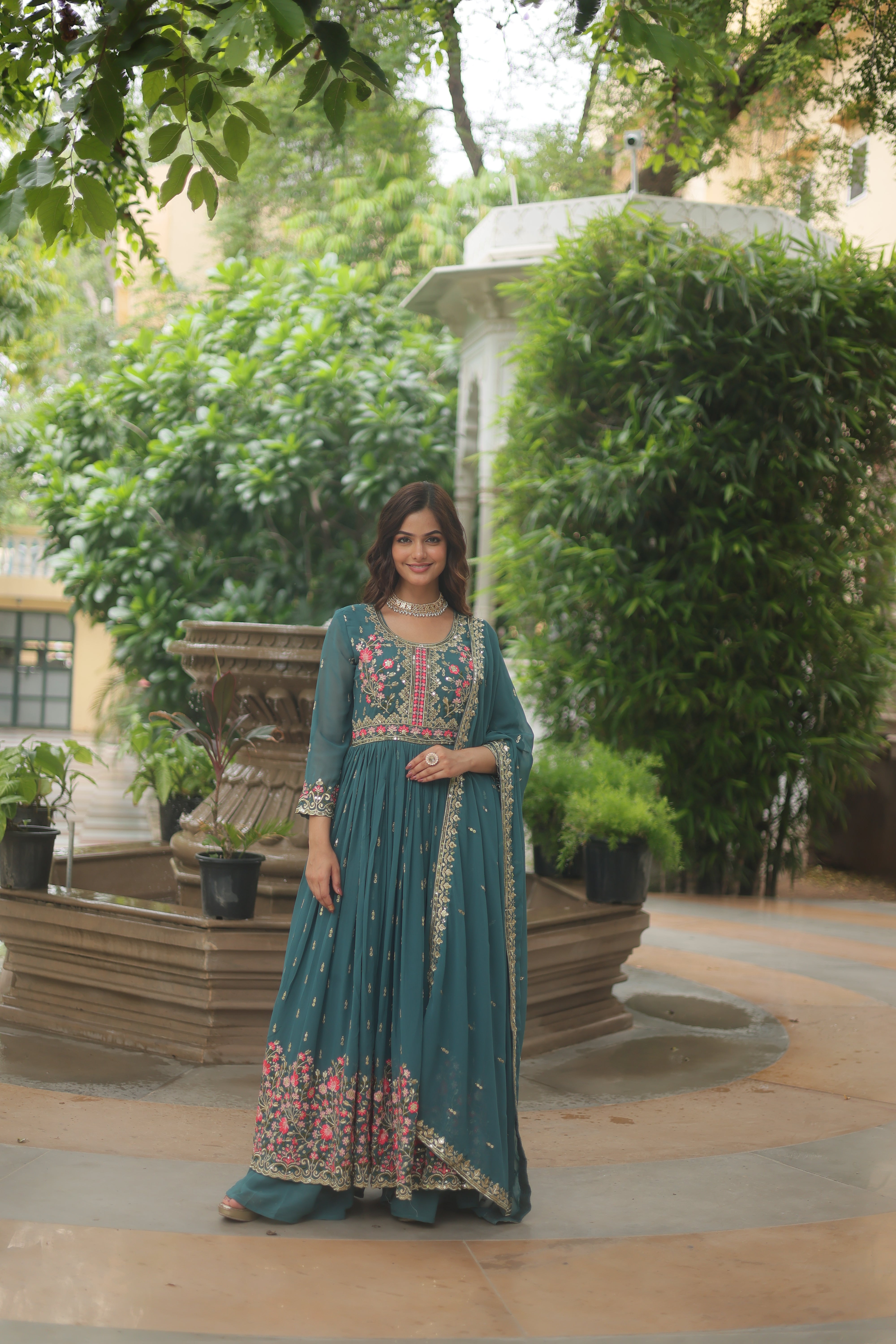 Georgette Embroidered Anarkali Suit With Sharara