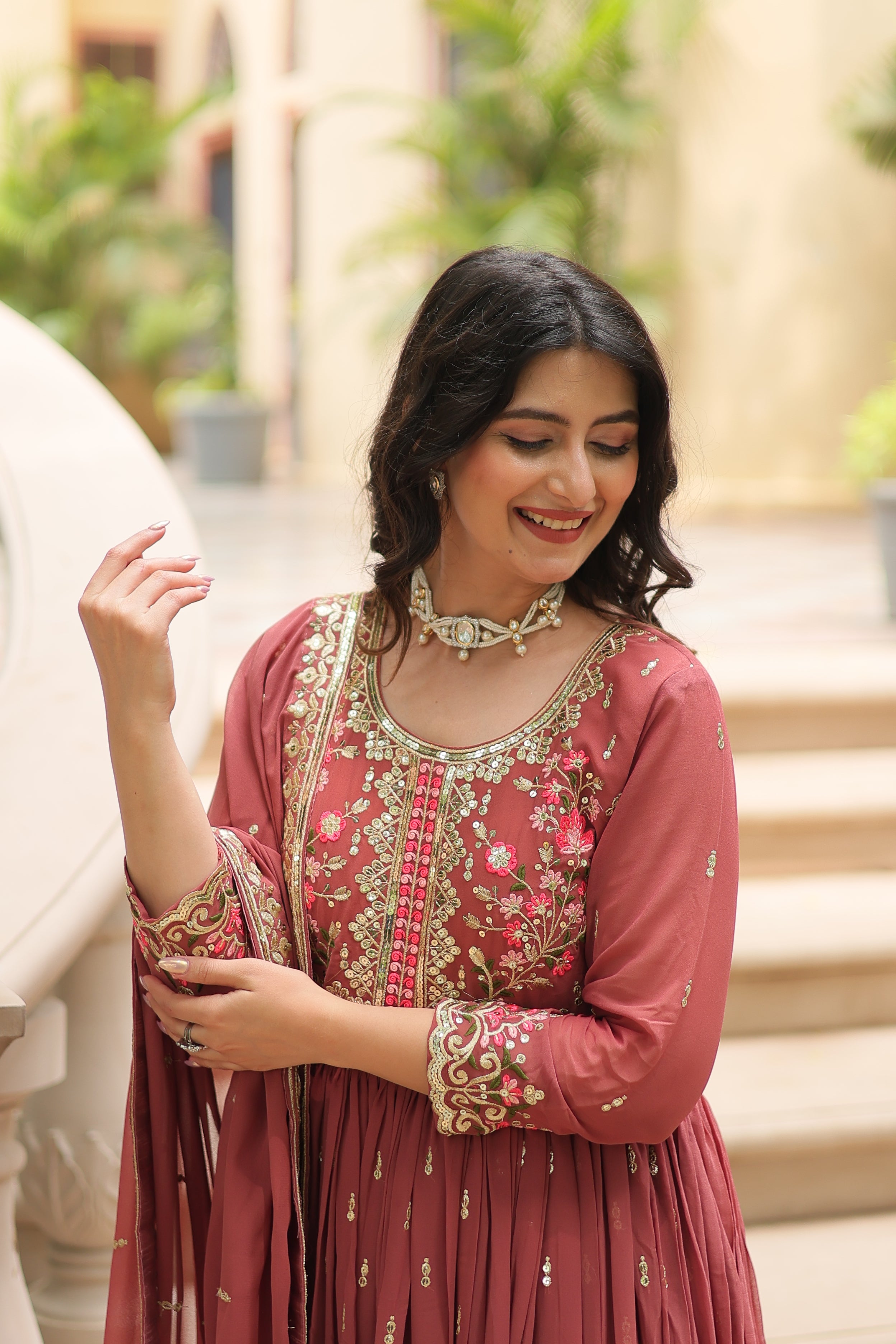 Georgette Embroidered Anarkali Suit With Sharara