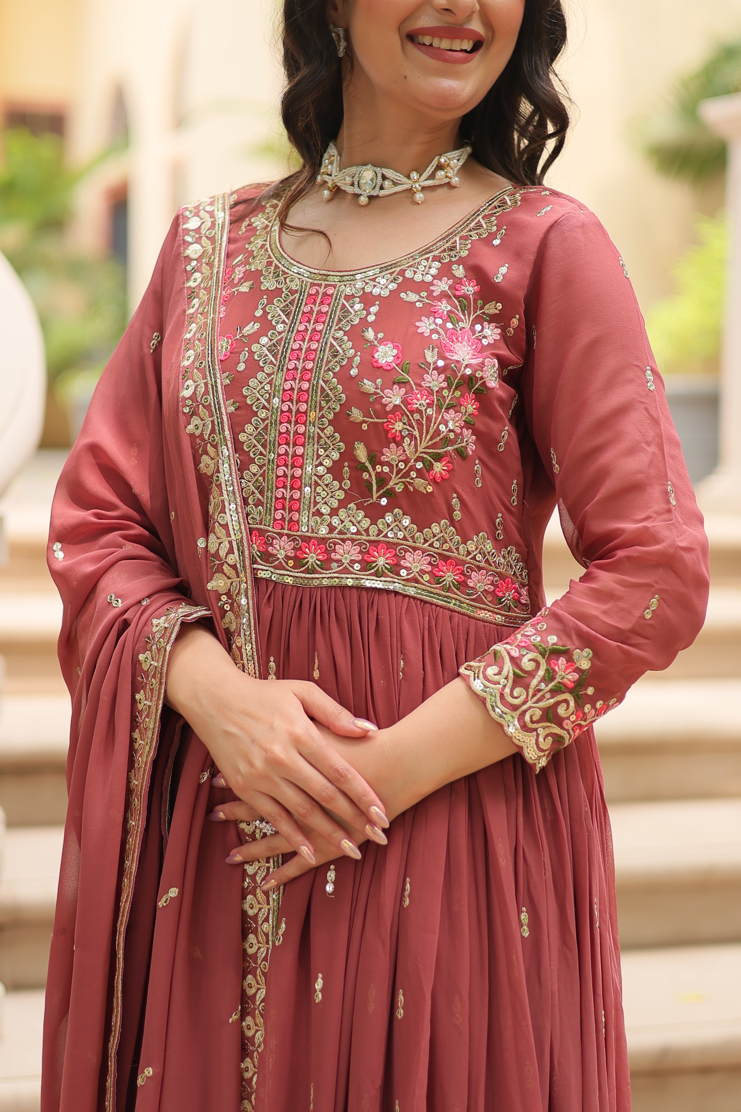 Georgette Embroidered Anarkali Suit With Sharara