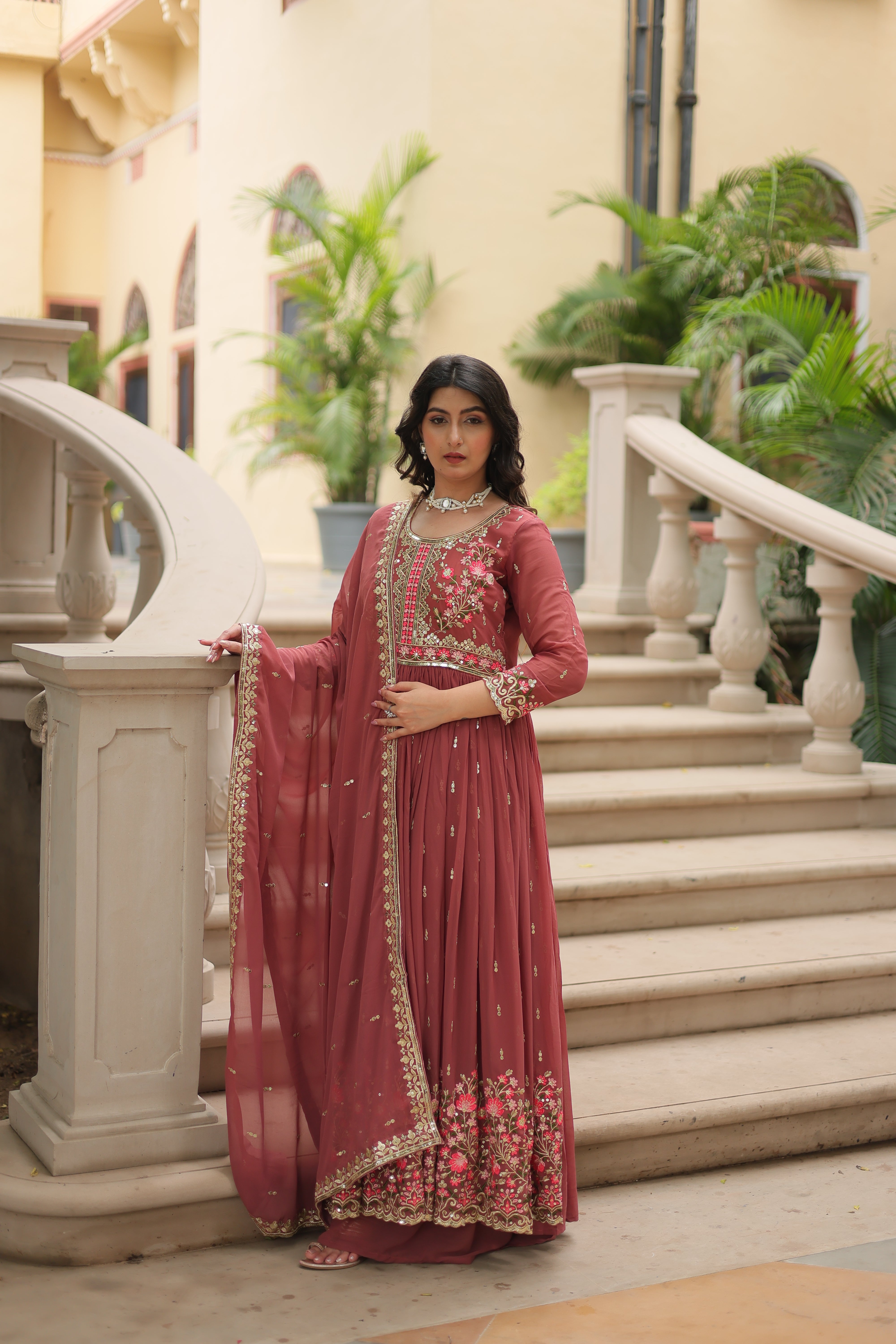 Georgette Embroidered Anarkali Suit With Sharara