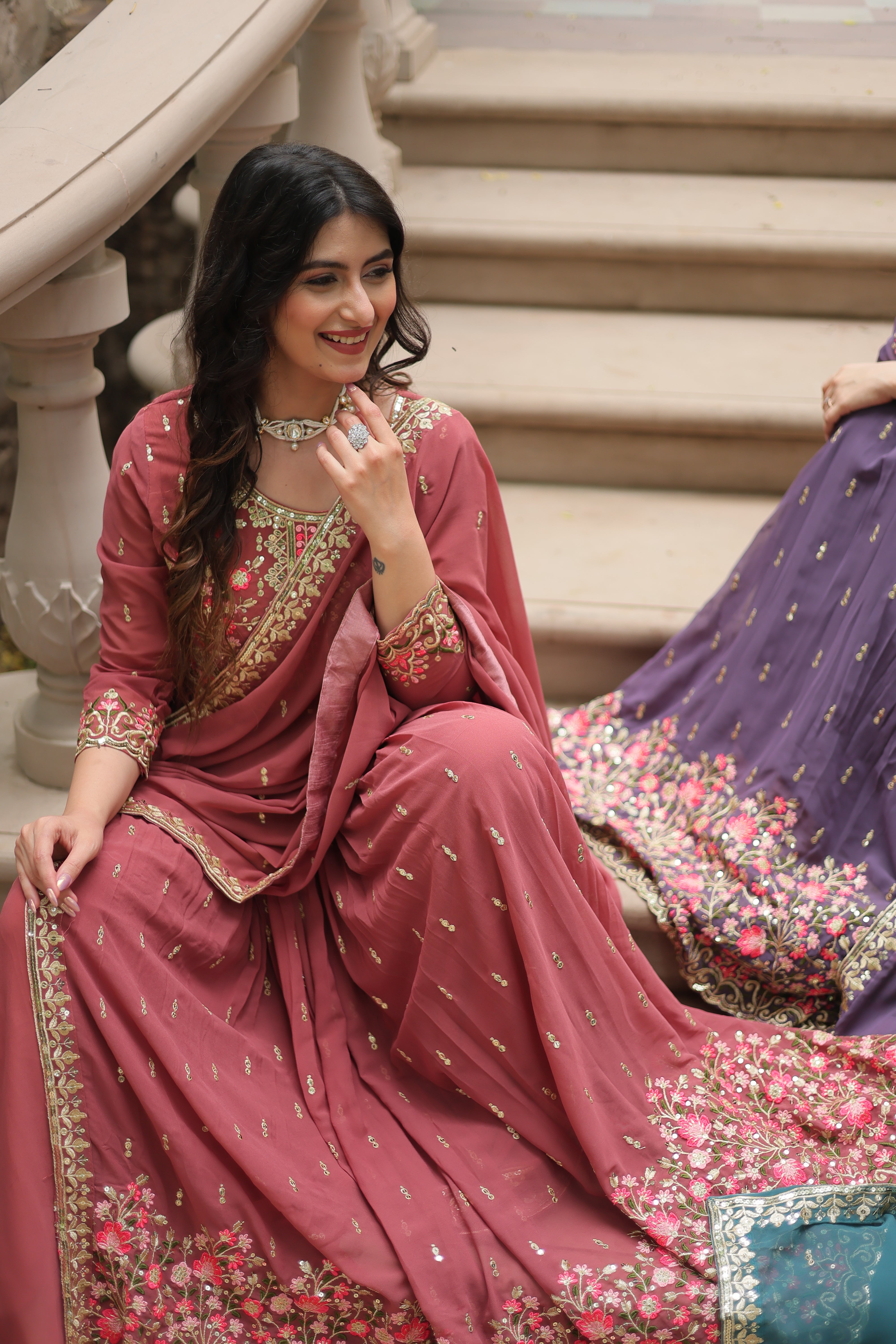Georgette Embroidered Anarkali Suit With Sharara