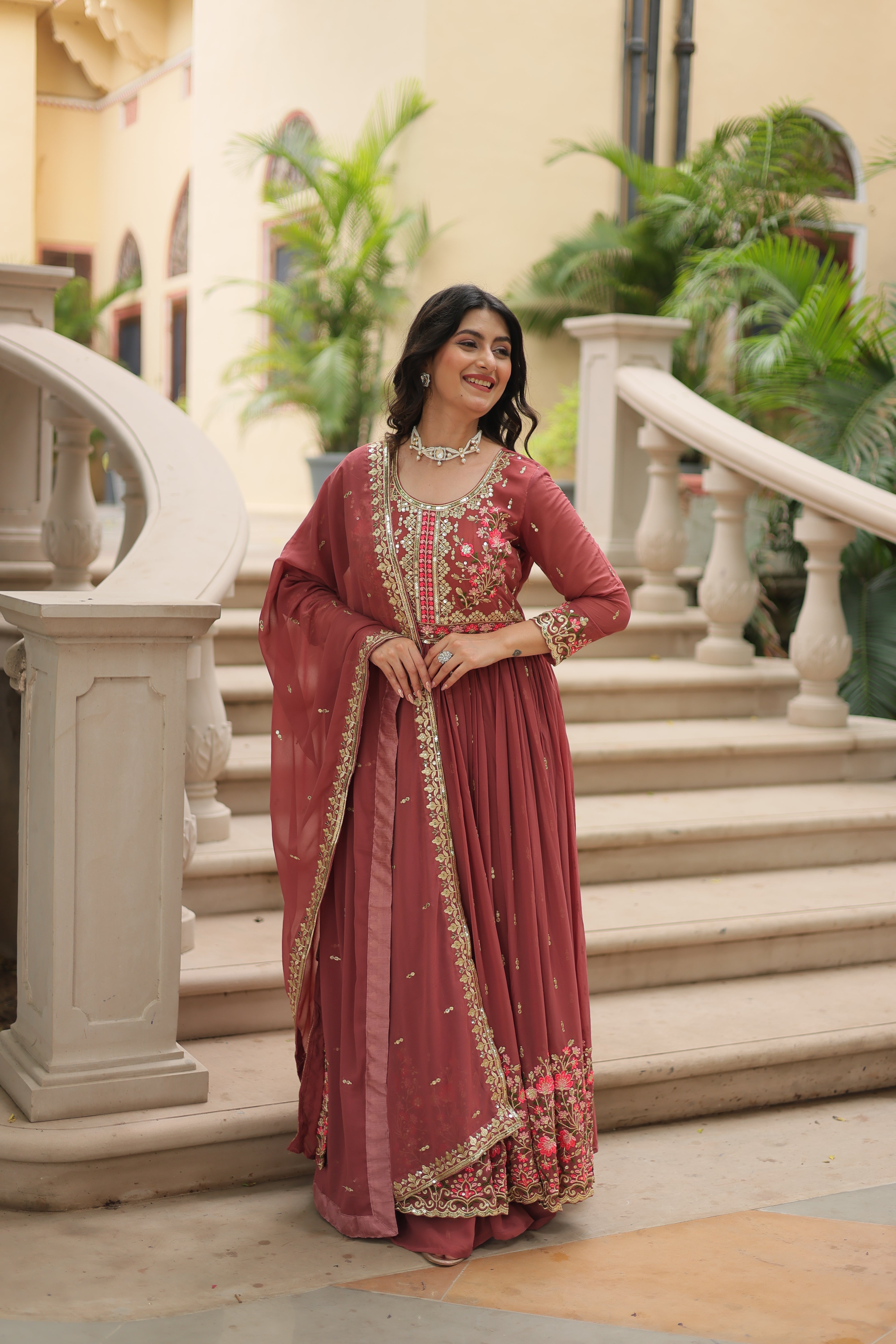 Georgette Embroidered Anarkali Suit With Sharara