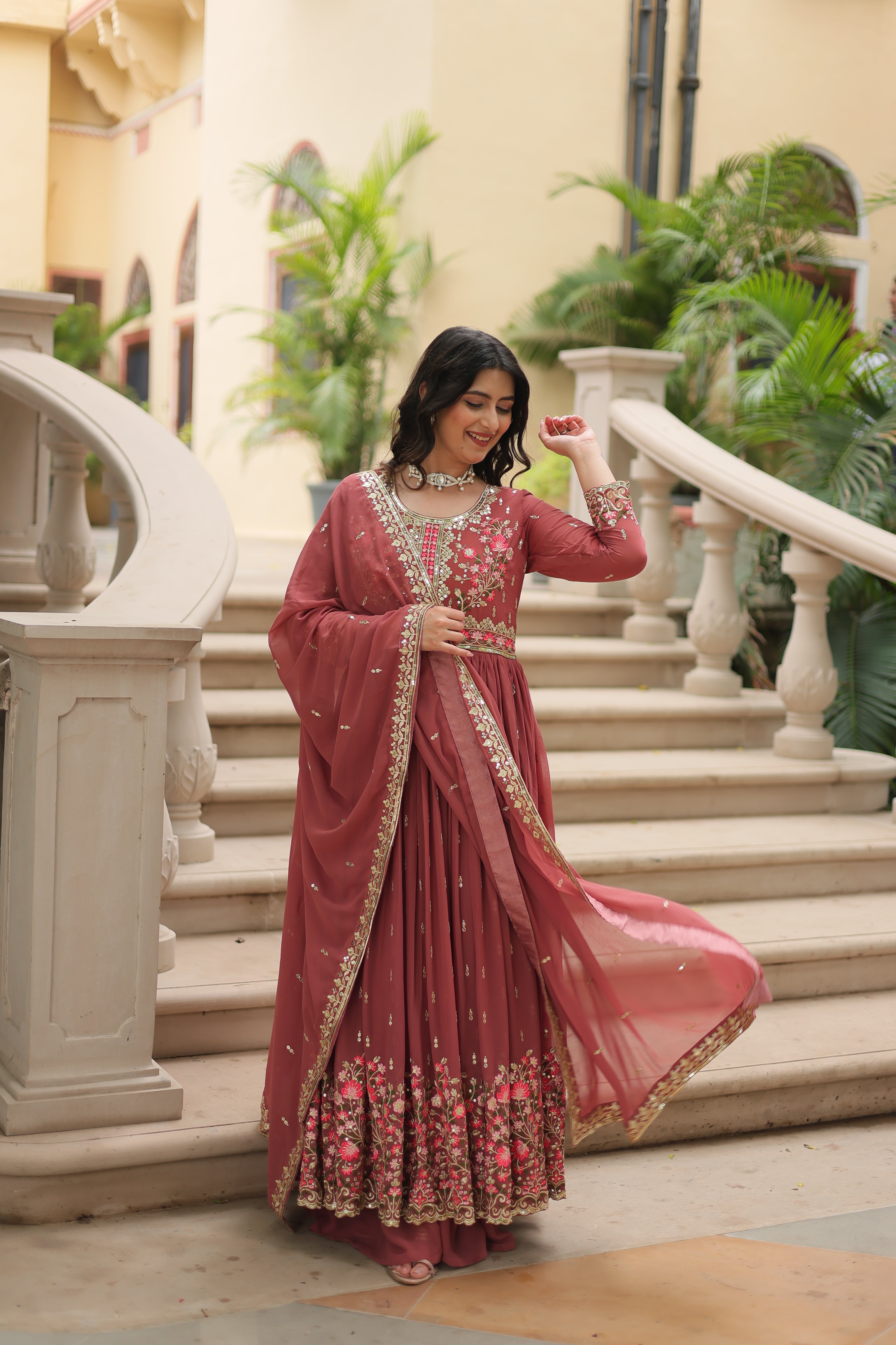 Georgette Embroidered Anarkali Suit With Sharara