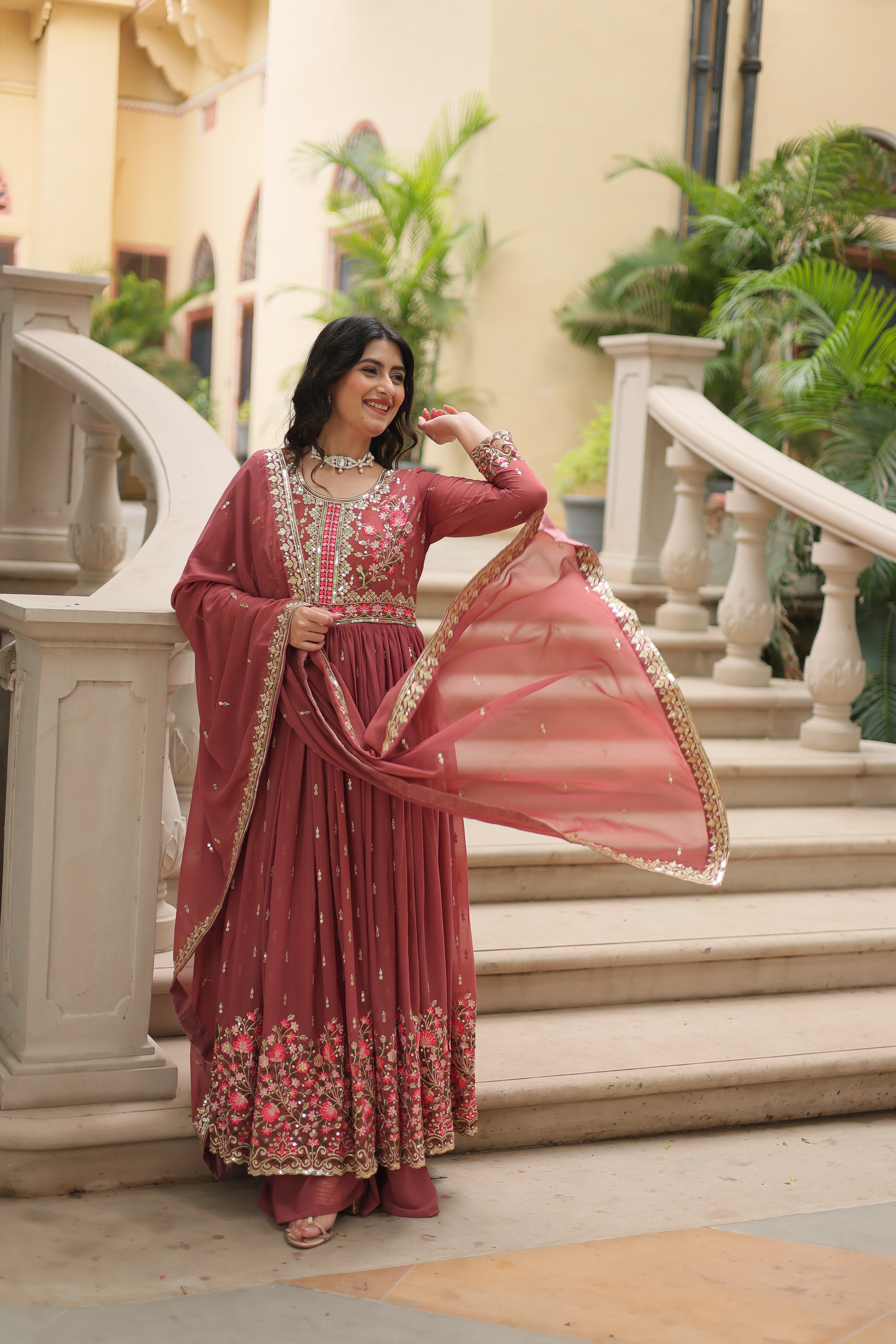 Georgette Embroidered Anarkali Suit With Sharara
