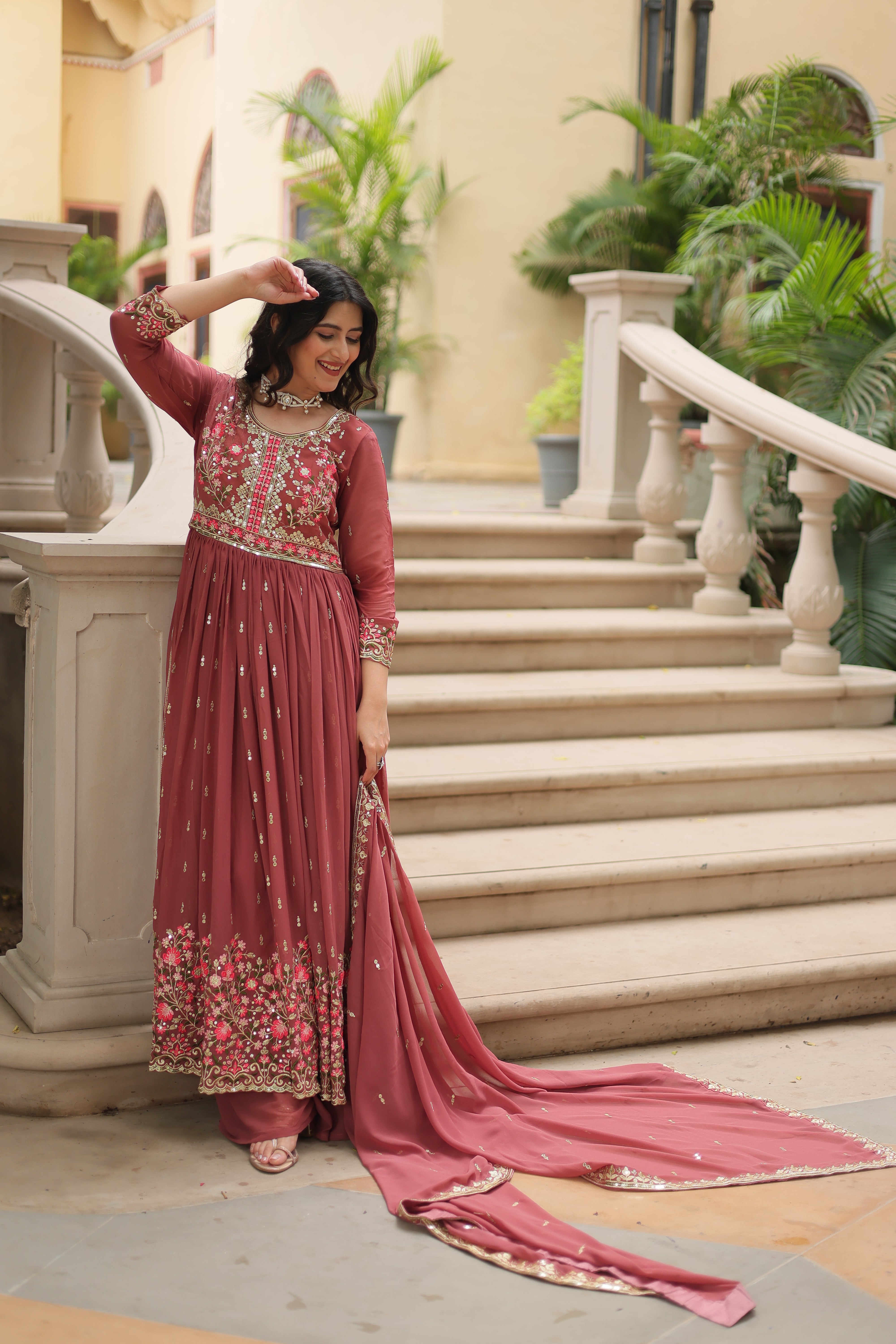 Georgette Embroidered Anarkali Suit With Sharara