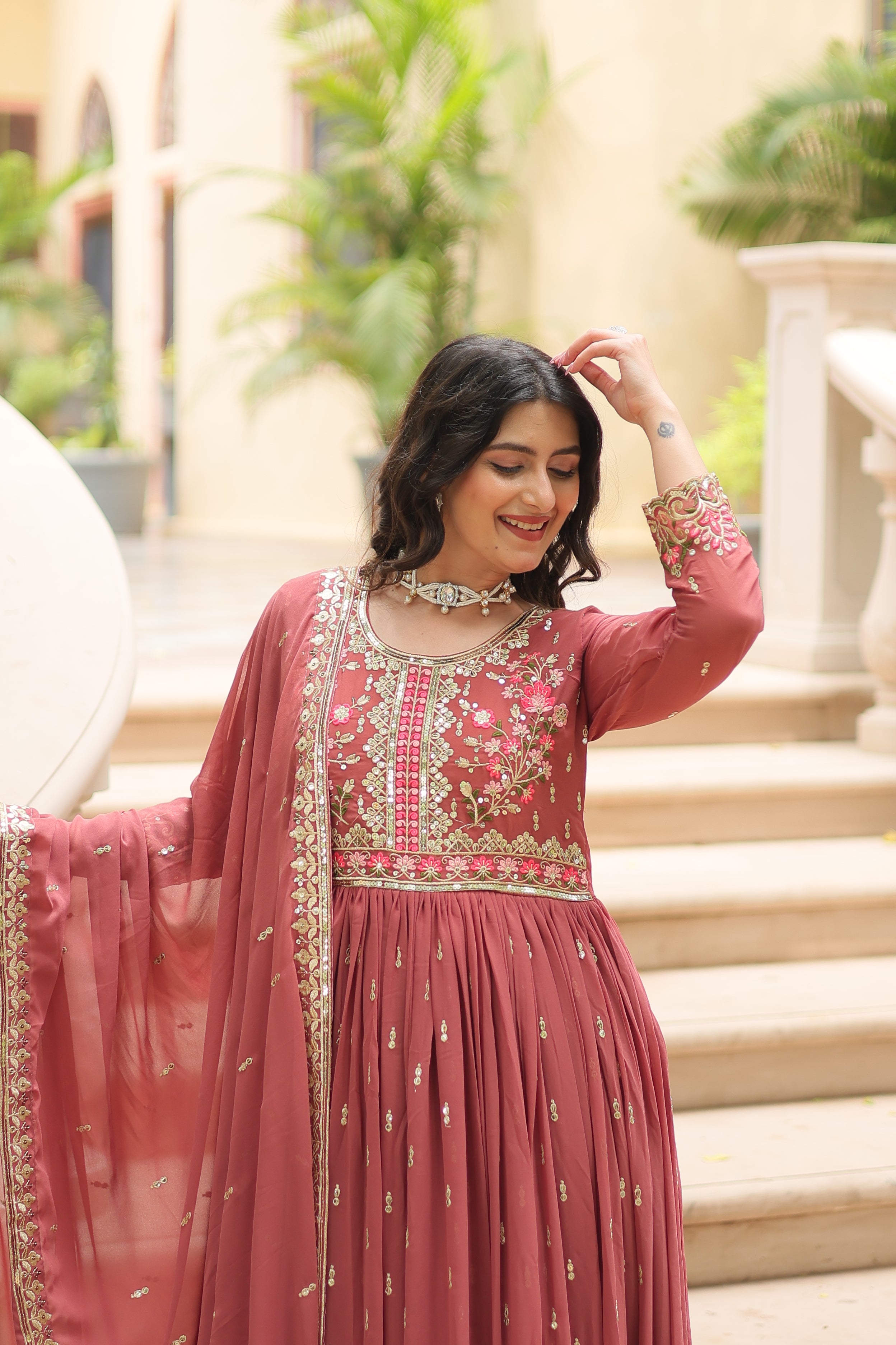 Georgette Embroidered Anarkali Suit With Sharara