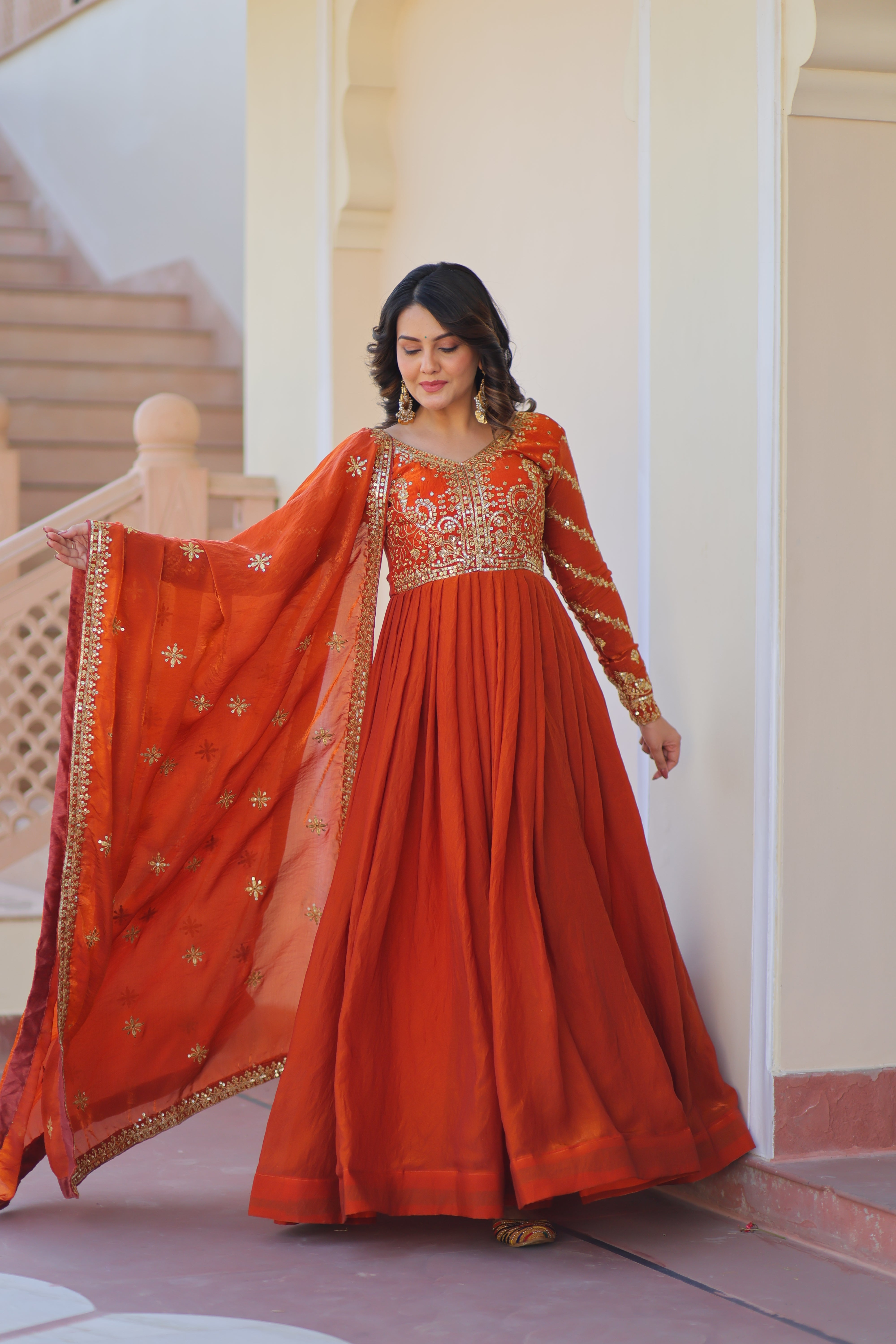 Organza Sequins Embroidered Festive Wear Gown