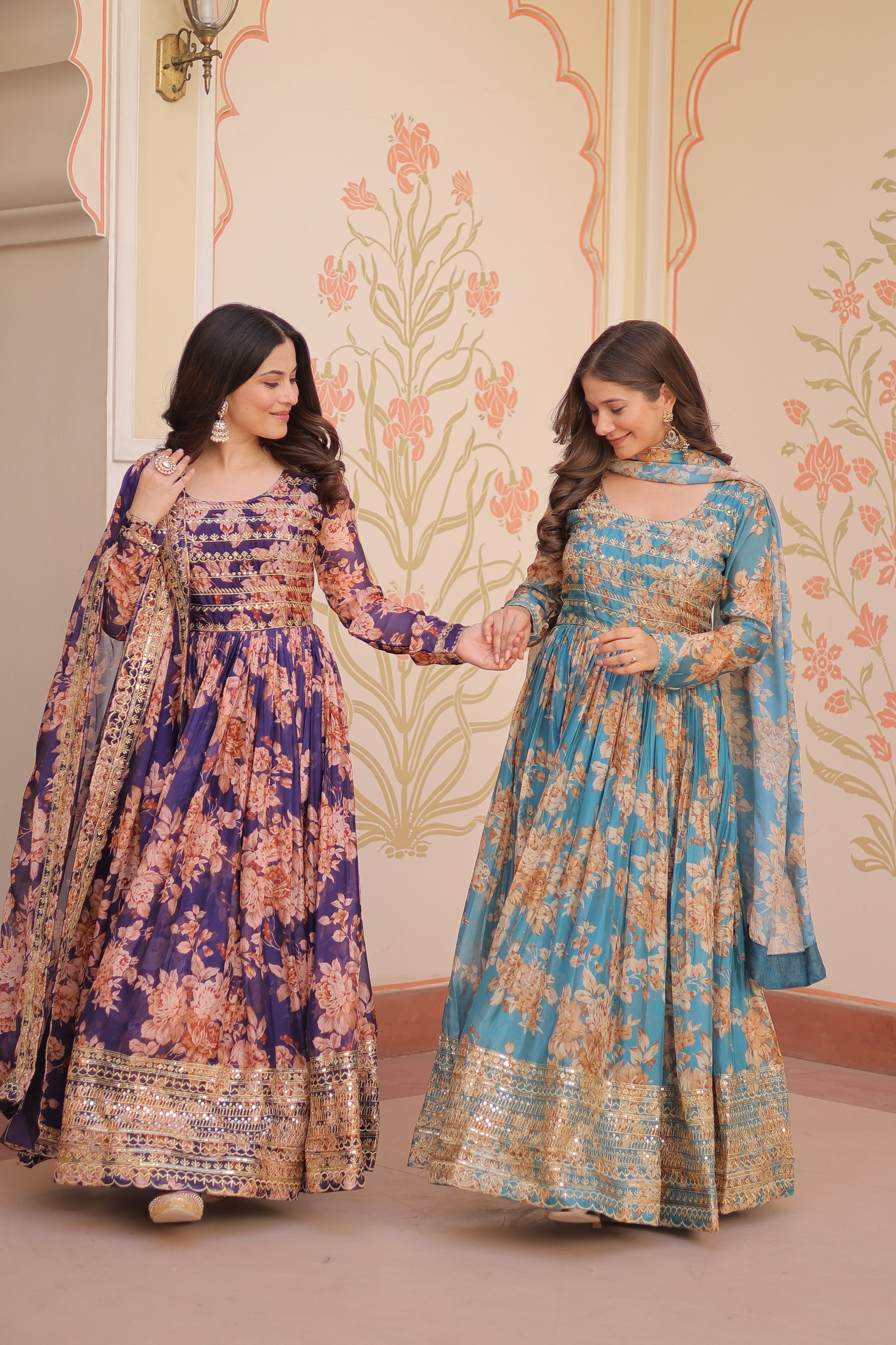 Silk Floral Printed Anarkali Gown With Dupatta